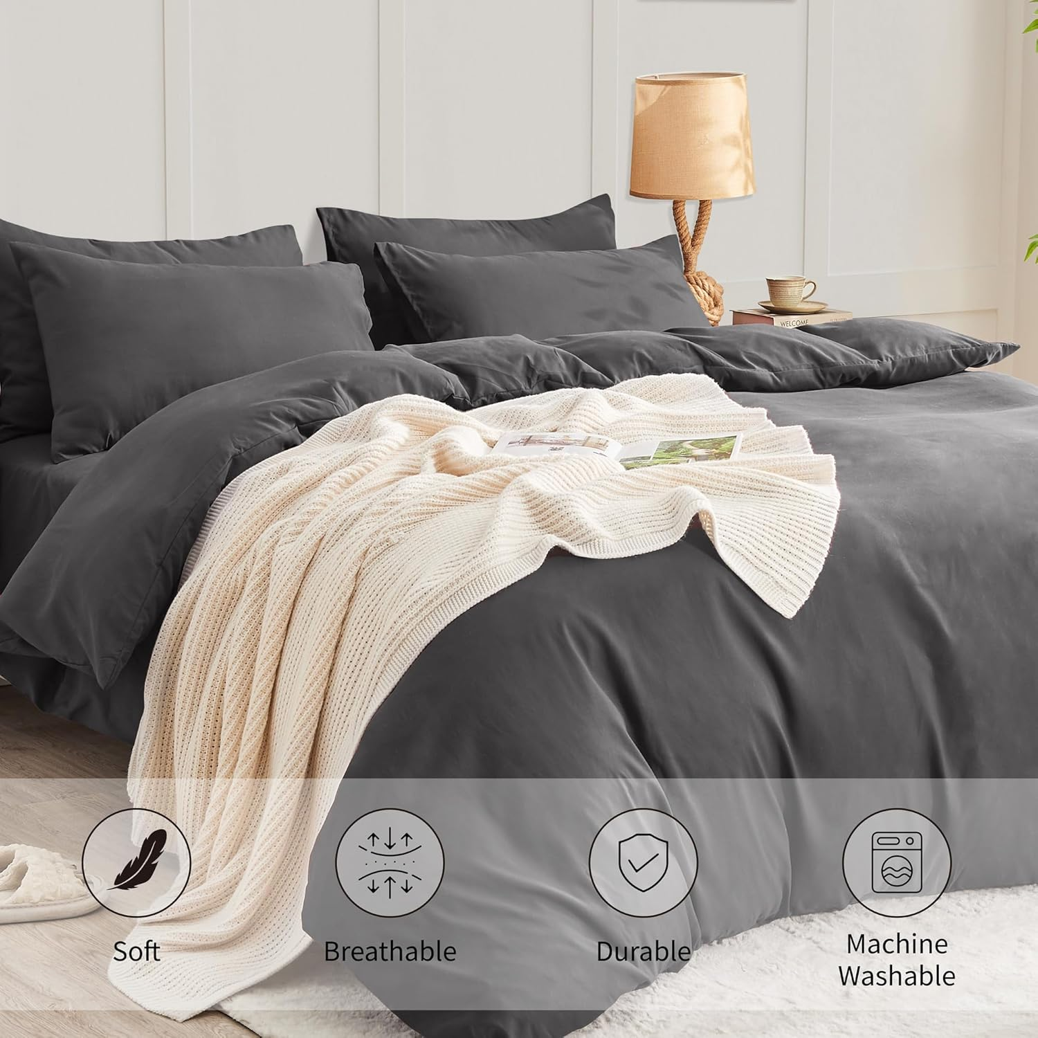 LINENOVA Quilt Cover Set Double Size - Brushed Microfiber 1200TC Super Soft Duvet Cover Set 3 Pieces with Button Closure, 1 Duvet Cover and 2 Pillowcases(Double Size, Dark Grey) image number 6
