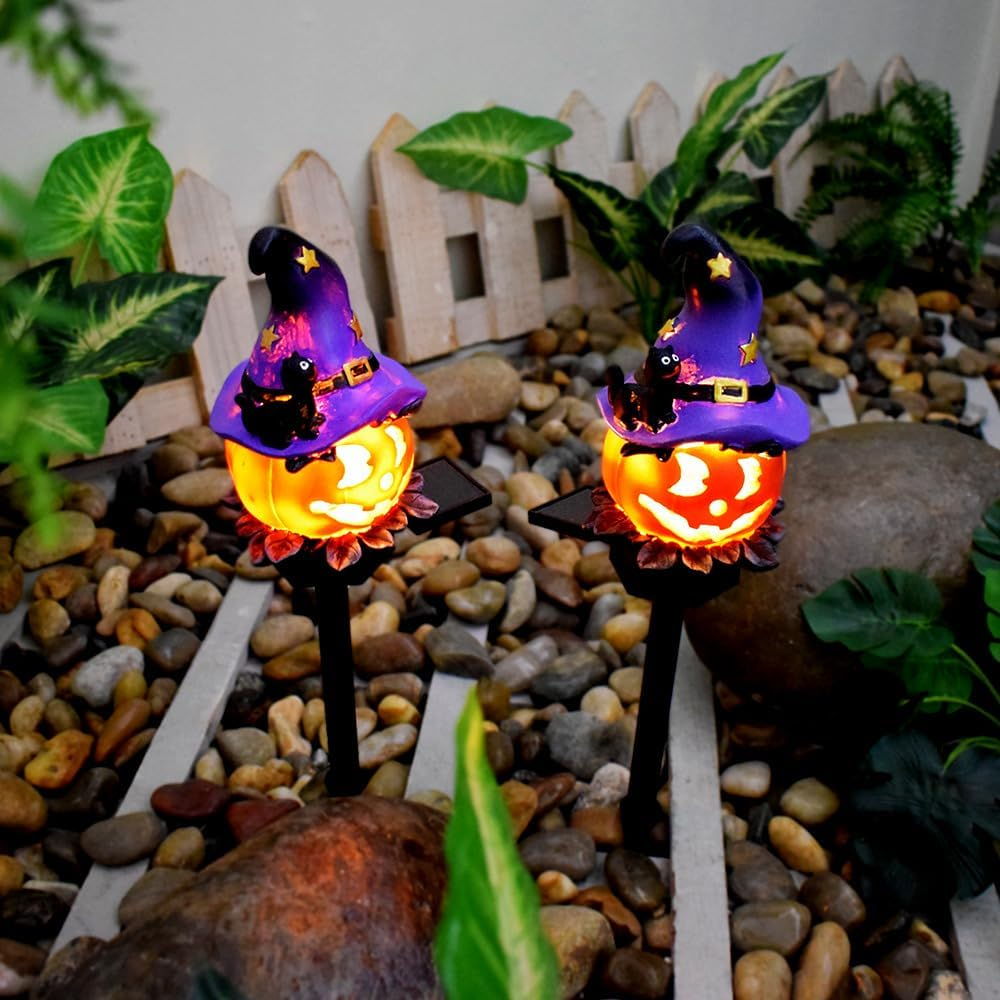 YZYOE LED Solar Wizard Pumpkin Floor Light, Halloween Outdoor Atmosphere Decoration Lamp, Cute Black Hat Pumpkin Courtyard Warm Lights