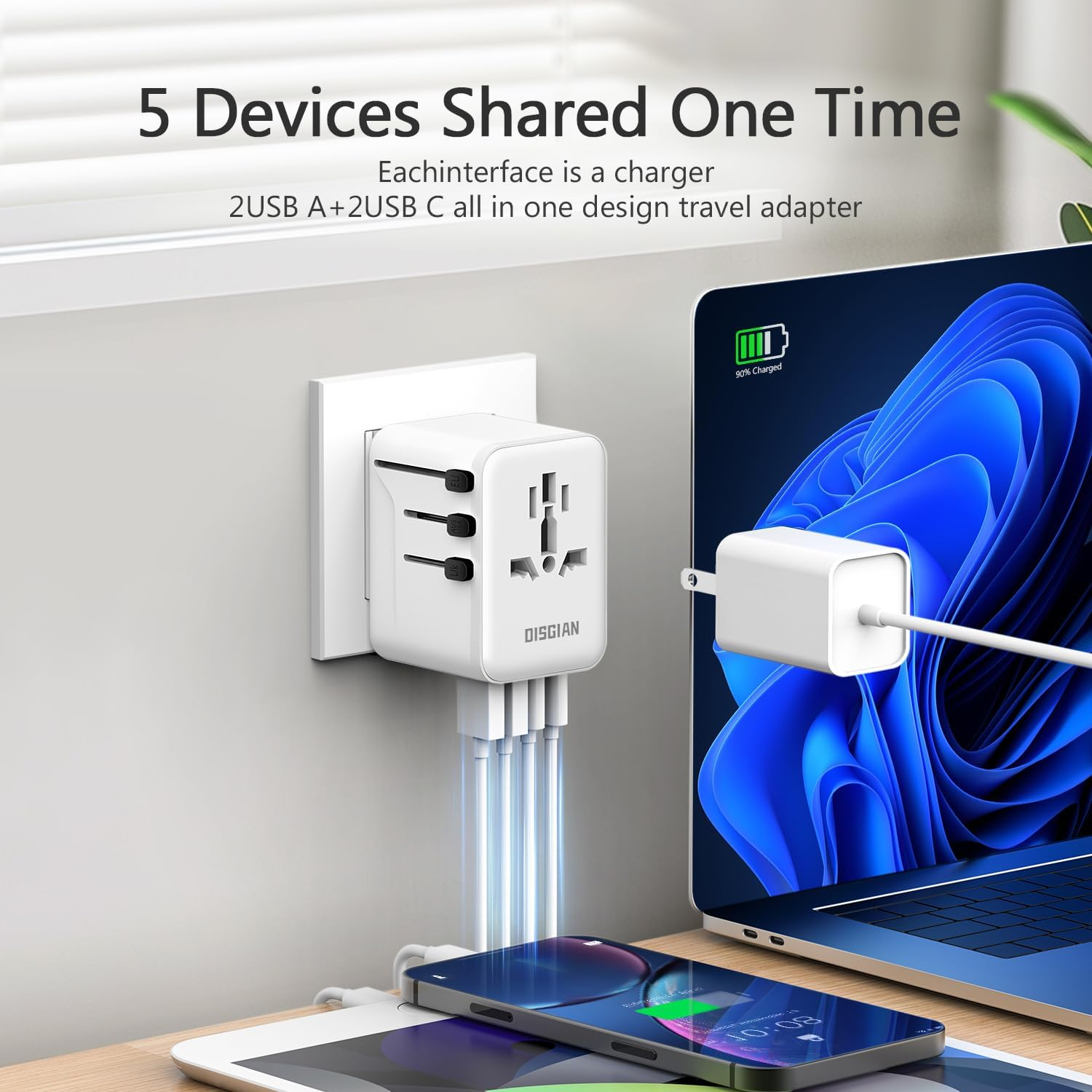 DISGIAN Travel Adapter,Universal Power Adaptor with Super Fast Charger 2 Port Type-C and 2 USB-A for Phone,Laptop,Tablet,Worldwide Travel Plug for Type A/C/G/I USA, Japan, UK, EU (White) - Green image number 4