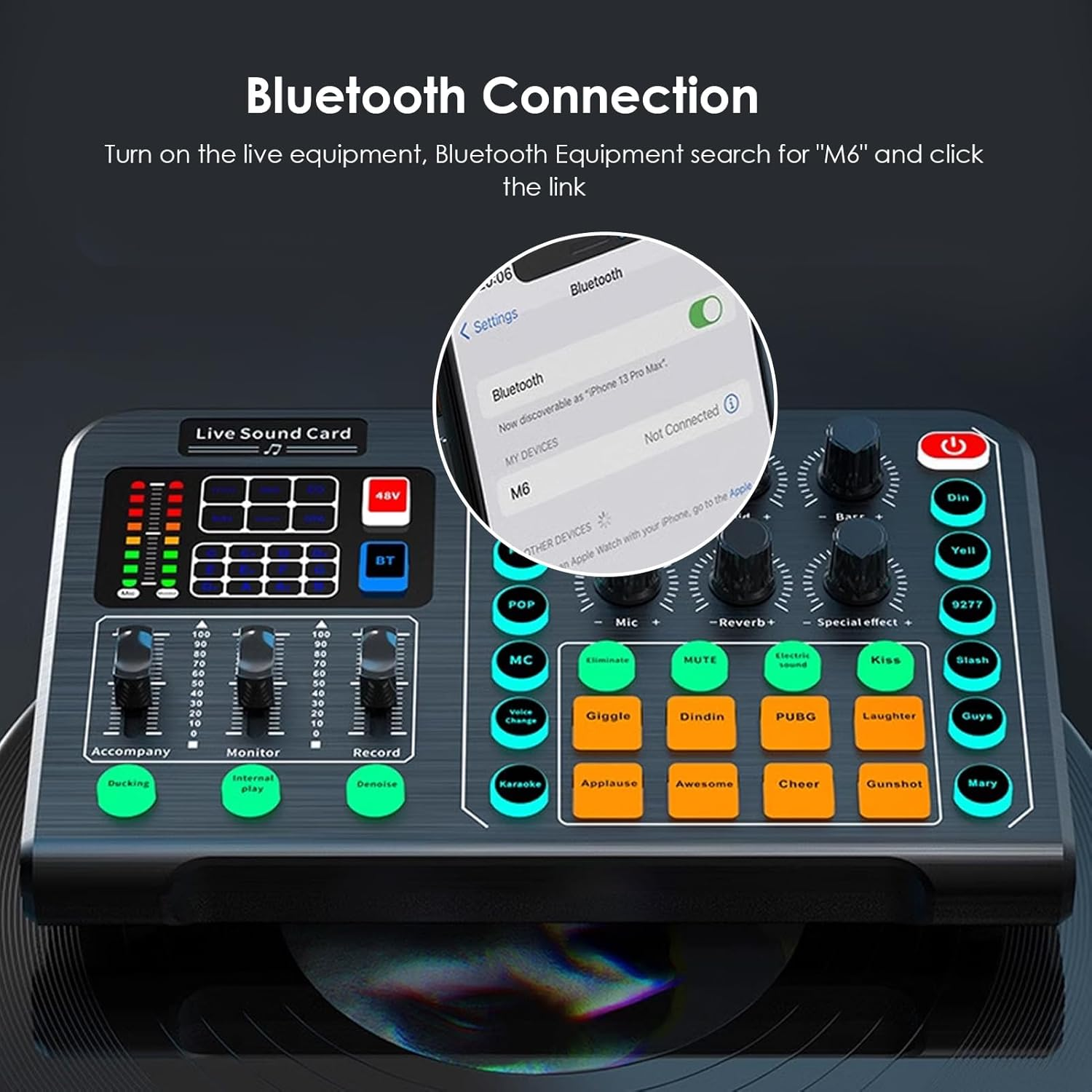 Live Sound Card, Bluetooth Professional Mini Audio Mixer Board with 15 Sound Effects, Audio Interface Support 48V Phantom Power, for Straming, Podcasting, Gaming image number 1