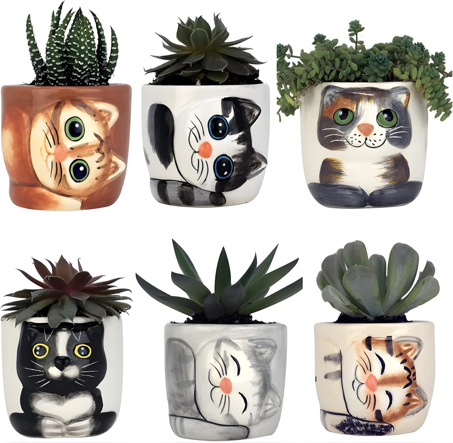 Window Garden Cute Cat Planter Pot - 6 Mini 3" Succulent Kitty Pots - Cute Flower Pots for Indoor Plants - Cat Decor Vase for Cactus, Herb