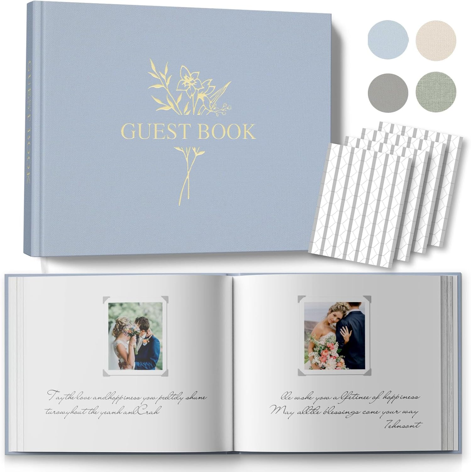 Wedding Guest Book for Memorial Service with 216 Photo Corners Stickers, Linen Guestbook to Sign at Bridal Shower or Wedding Reception Party,100 Pages, Blank Thick Paper Books for Baby Shower- Sage
