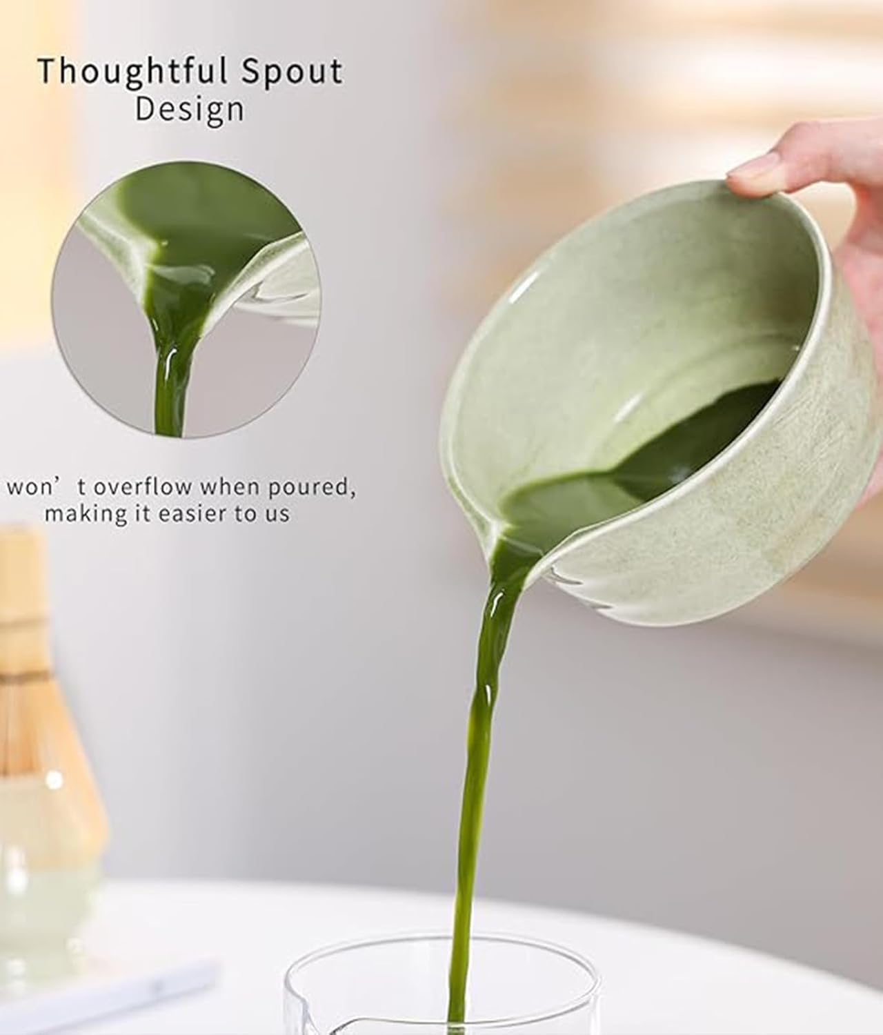 Matcha Whisk Set, Japanese Tea Set Includes Matcha Bowl with Spout, Matcha Whisk Holder, Bamboo Tea Whisk and Bamboo Scoop, Mottled Tea Green Glaze Ceramic Tea Kit for Tea Lovers (Green 7Pcs)
