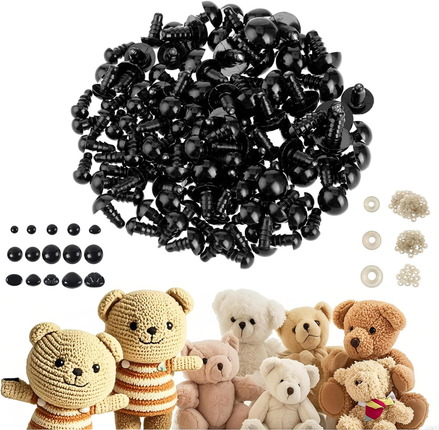 566 Handmade Doll Eye and Nose Accessory Set:Includes 300 Reinforcement Pads,180 Pairs of Safety Eyes,86 Noses for Teddy Bears,Plush Dolls and DIY Crochet Kits (Black) image number 4