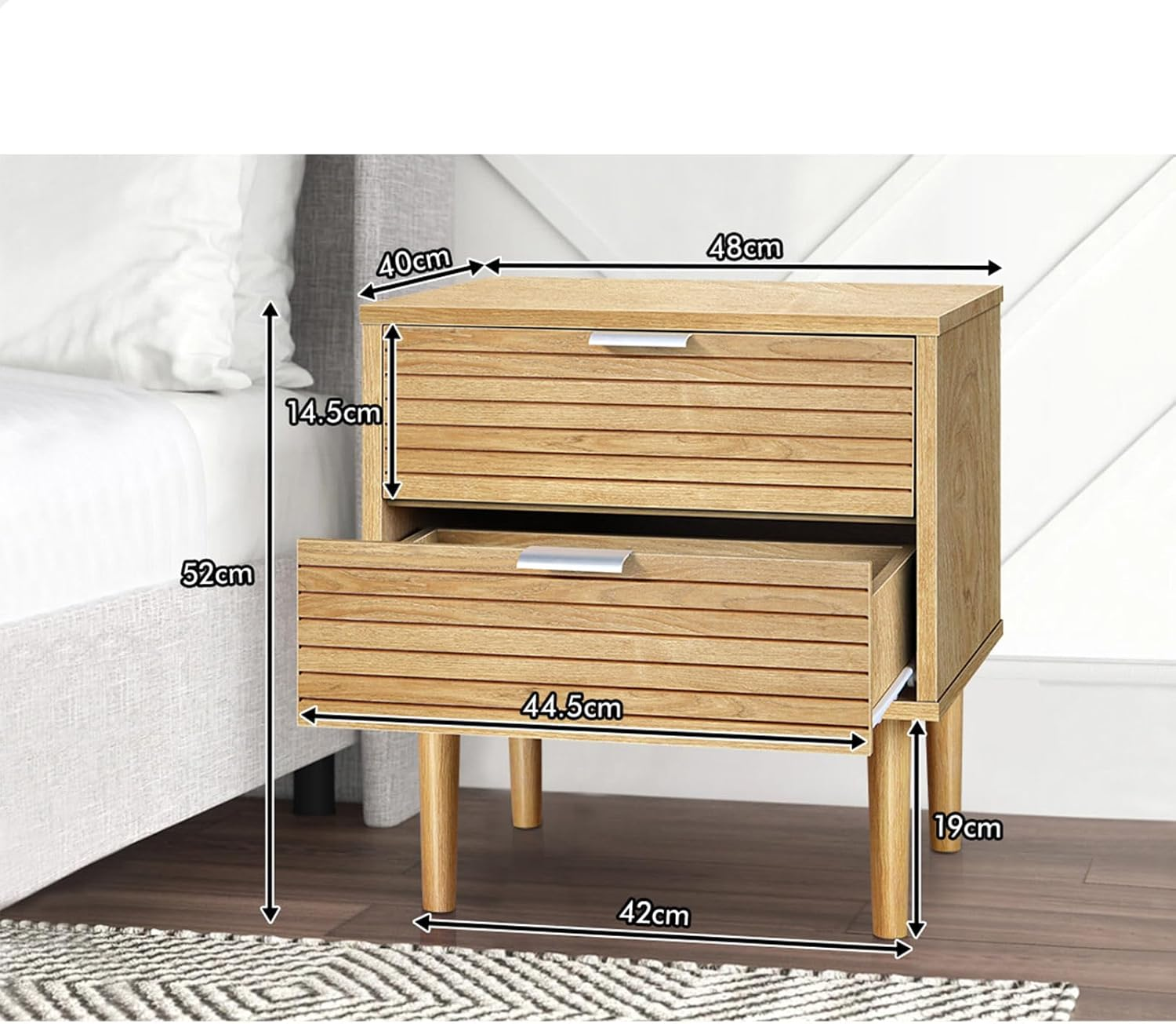 ALFORDSON Bedside Table 2-Drawer Nightstand, 48X 40X 52Cm, Side Cabinet Chest Table for Hallway, Bedroom and Living Room, Wooden Organiser Storage with Slatted Front (Wood Color)