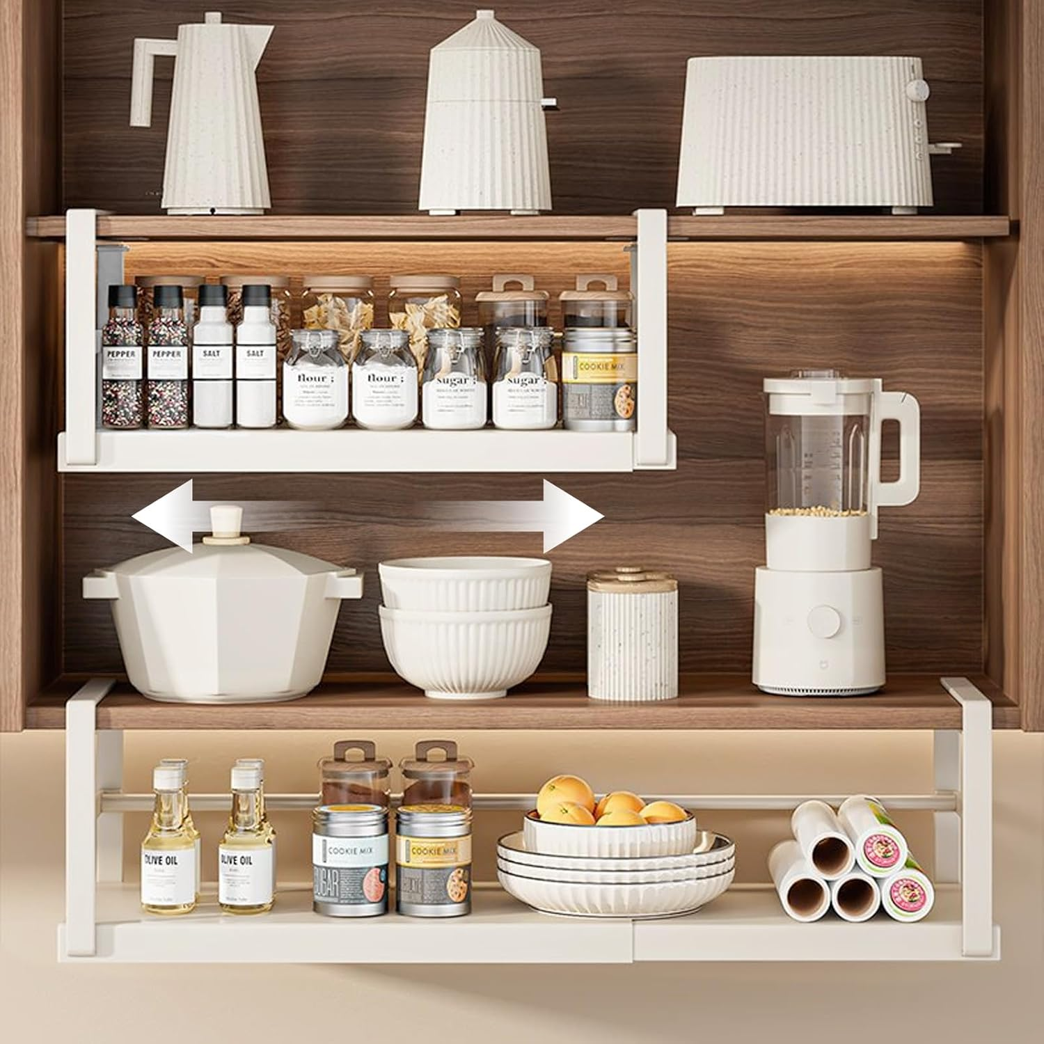 2 Pack under Shelf Storage Basket Organizer, Adjustable Hanging under Cabinet Shelf Add-On Storage Racks Slide-In Baskets Organizer for Laundry Room Kitchen Pantry (Milky White) image number 4