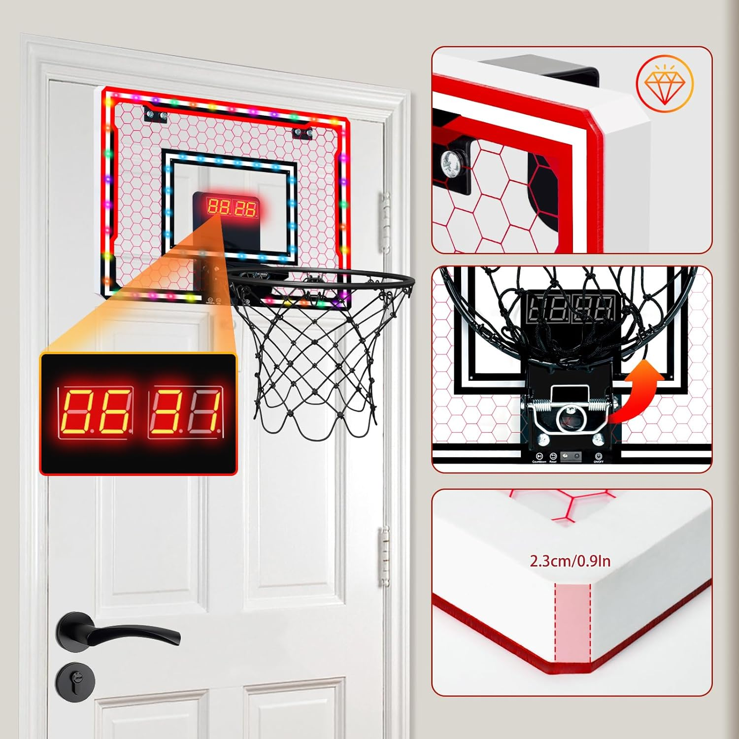 Indoor Basketball Hoop for Kids over Door Mini Basketball Hoop with 4 Red Rubber Balls Basketball Ring with Scoreboard Timer and Remote Control Gifts for 4-12 Year Old Boys Girls image number 2
