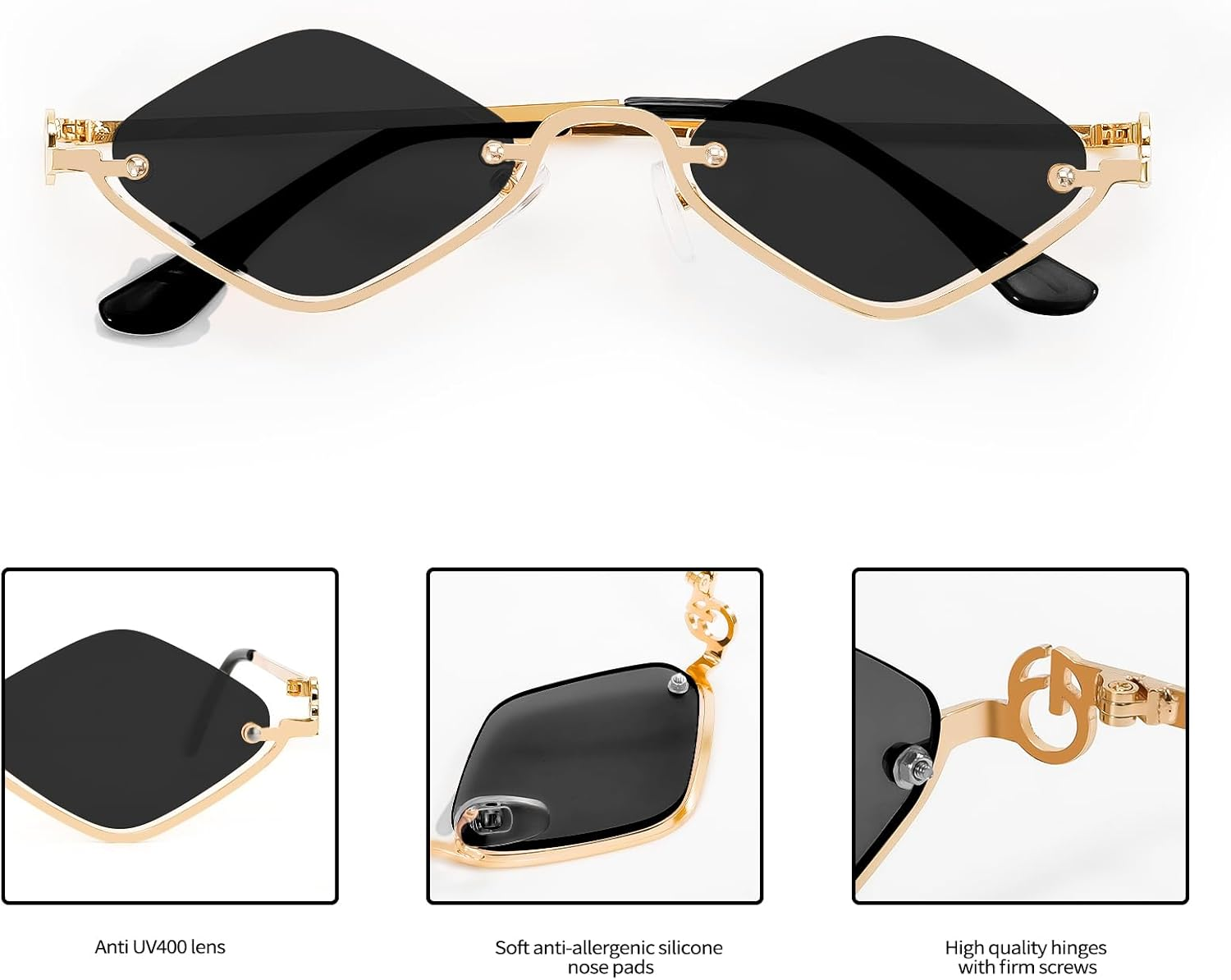Retro Small Irregular Half-Frame Metal Sunglasses for Women, Trendy Lightweight Narrow Gold Shades UV400 image number 6