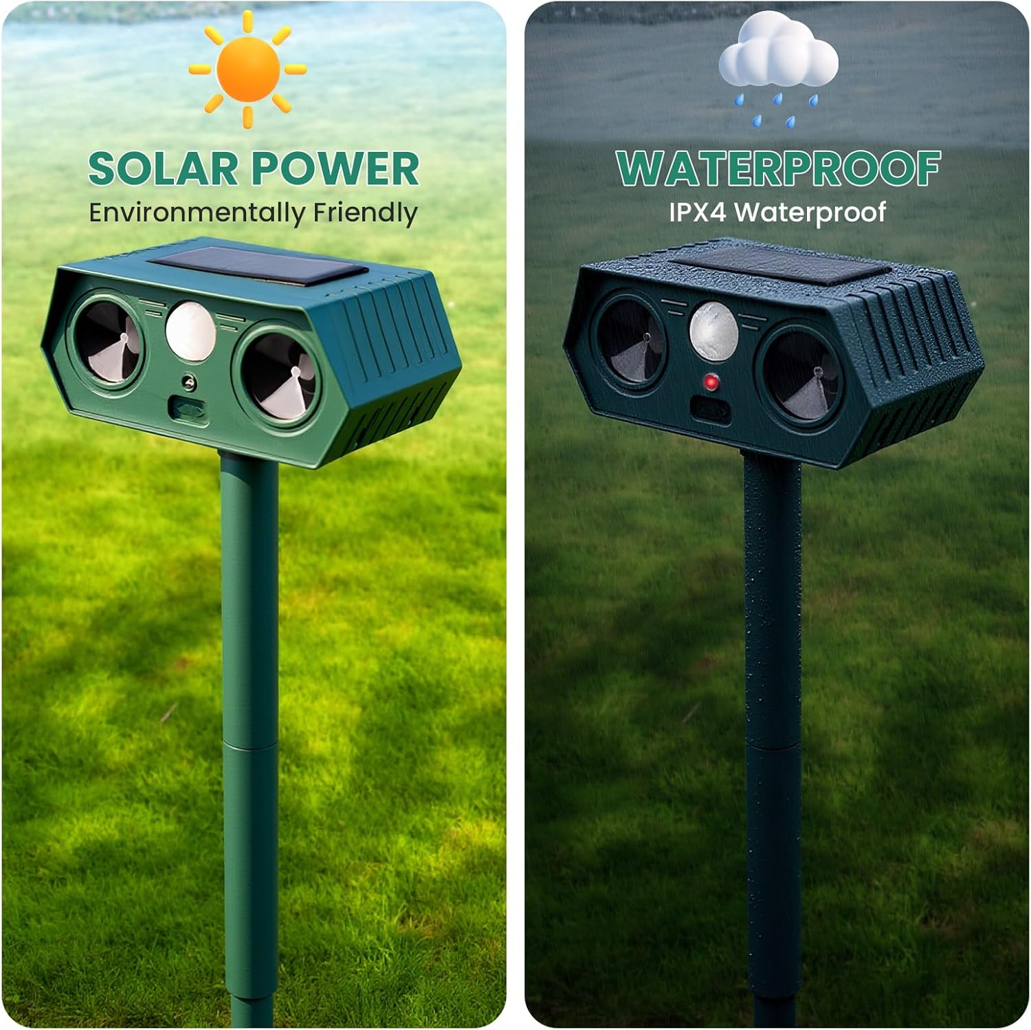 2 Pack 2025 Ultrasonic Animal Repellent, Outdoor Solar Powered Cat Repellent Devices Bird Possum Snake Repellents Motion Activated Deterrent Deer Squirrel Rabbit Raccoon Skunk for Yard Lawn image number 4