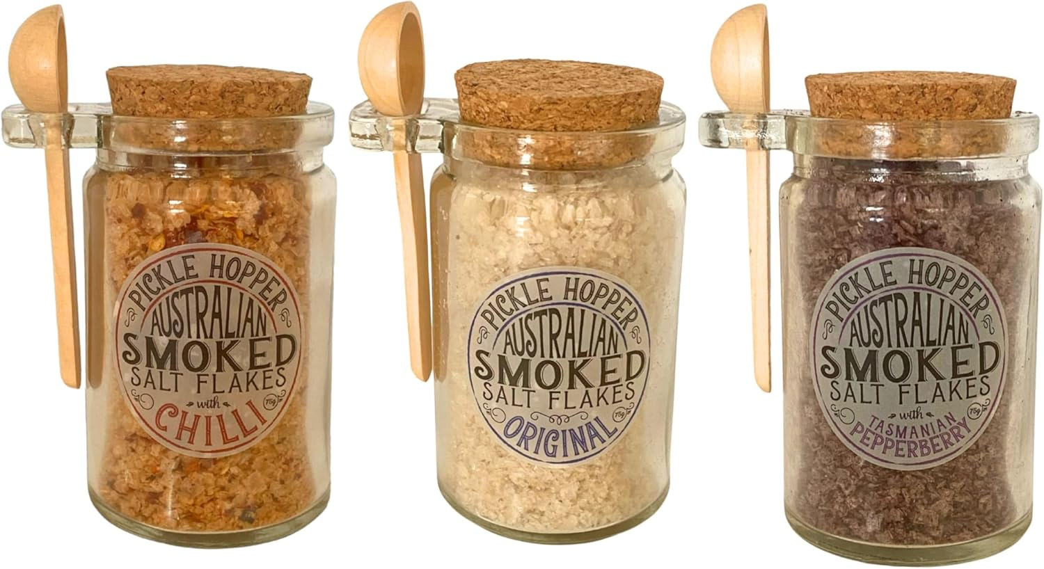 Willow Vale Gourmet Food Co. Australian Smoked Salt Flakes &ndash; 3 X 75G Jar Set | Chilli, Tasmanian Pepperberry & Original | Artisan Finishing Salt with Wooden Spoons & Gift-Ready Glass Jars