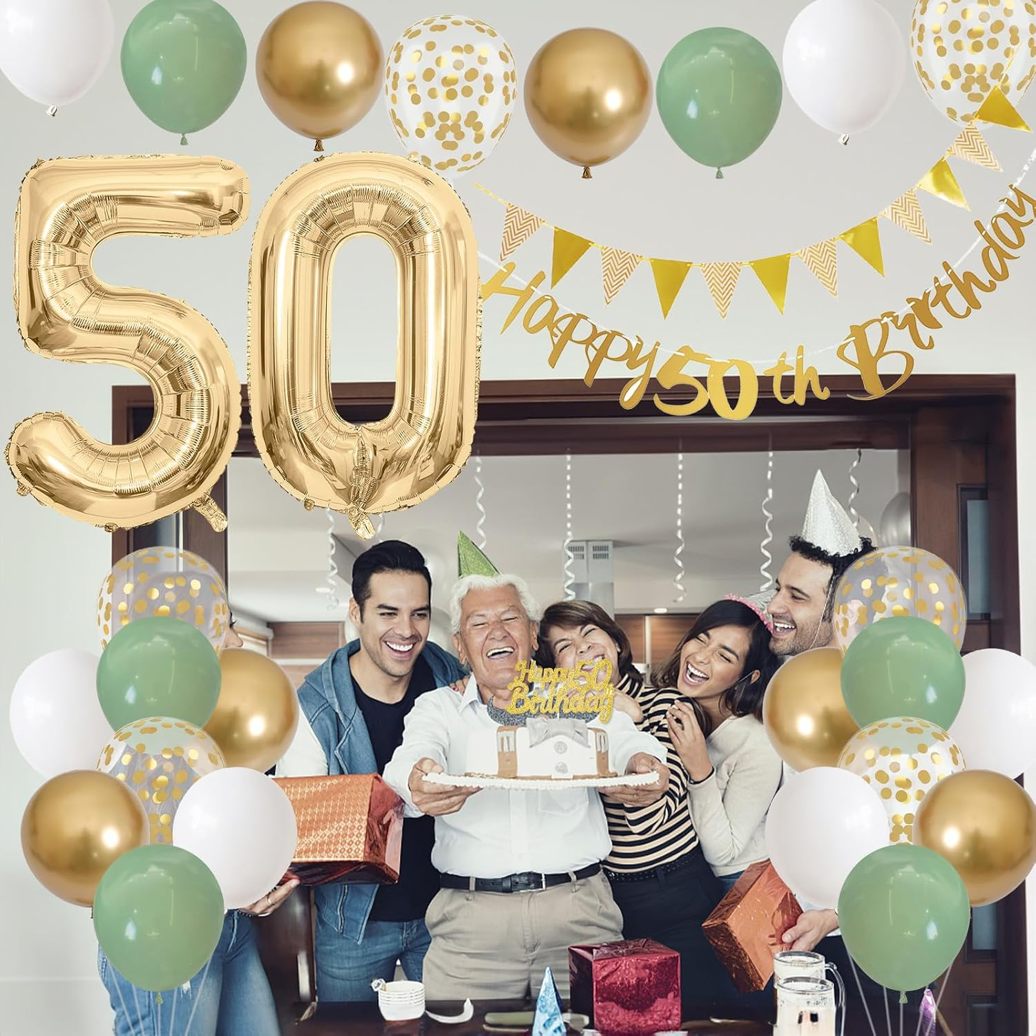 Sage Green 50Th Birthday Decoration with Banner, Garland, Number 50 Balloons, Cake Decoration, Gold Party Balloons for 50 Years Celebration - 18Th Green Gold image number 2