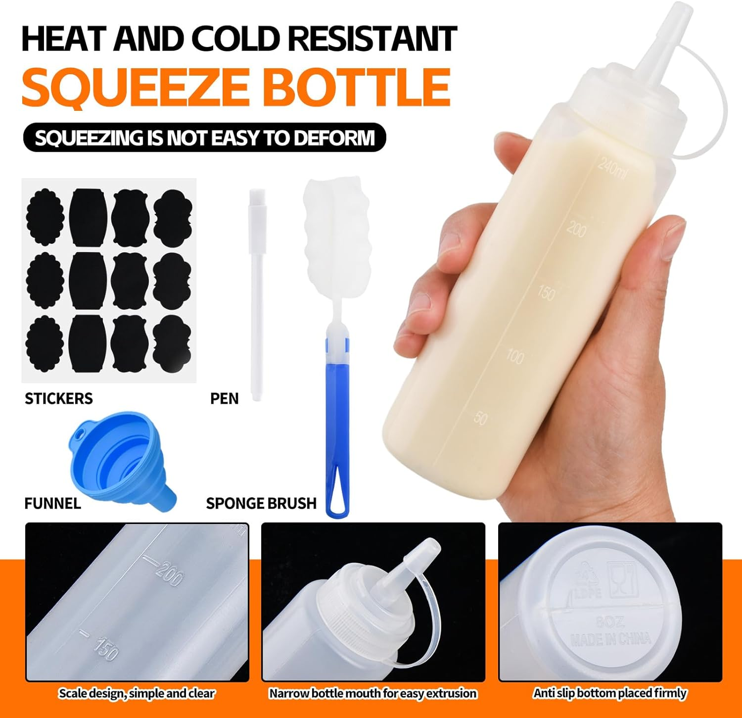 4 Pcs 8 Oz Condiment Squeeze Bottles for Sauce, Plastic Squeeze Bottles, Squirt Bottle Oil Container Dispenser for Ketchup, Sauce, BBQ, Grilling, Salad Dressing, Honey,Paint and Craft image number 6