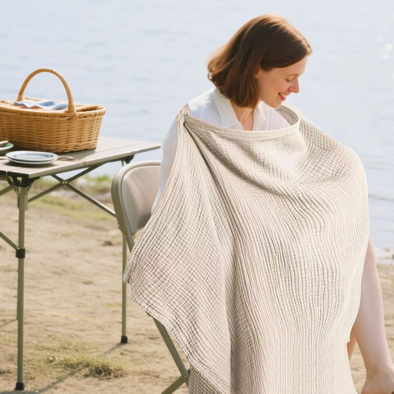 Muslin Nursing Cover Discreet Breastfeeding Cover with Arched Neckline Soft and Breathable Cotton Nursing Cover Multi-Purpose Stroller Cover for Baby Breastfeeding Suitable for Mom Nursing Apron