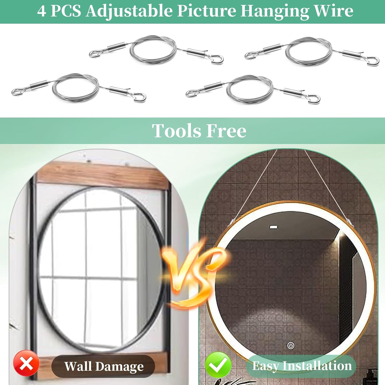 4 PCS Adjustable Picture Hanging Wire, Heavy Duty Stainless Steel Wire Rope Kit for Mirror Frames, Light Lamps, Billboards, Flowerpot &ndash; Durable Hanging Hardware for Home & Office (1.5Mmx2M) image number 5