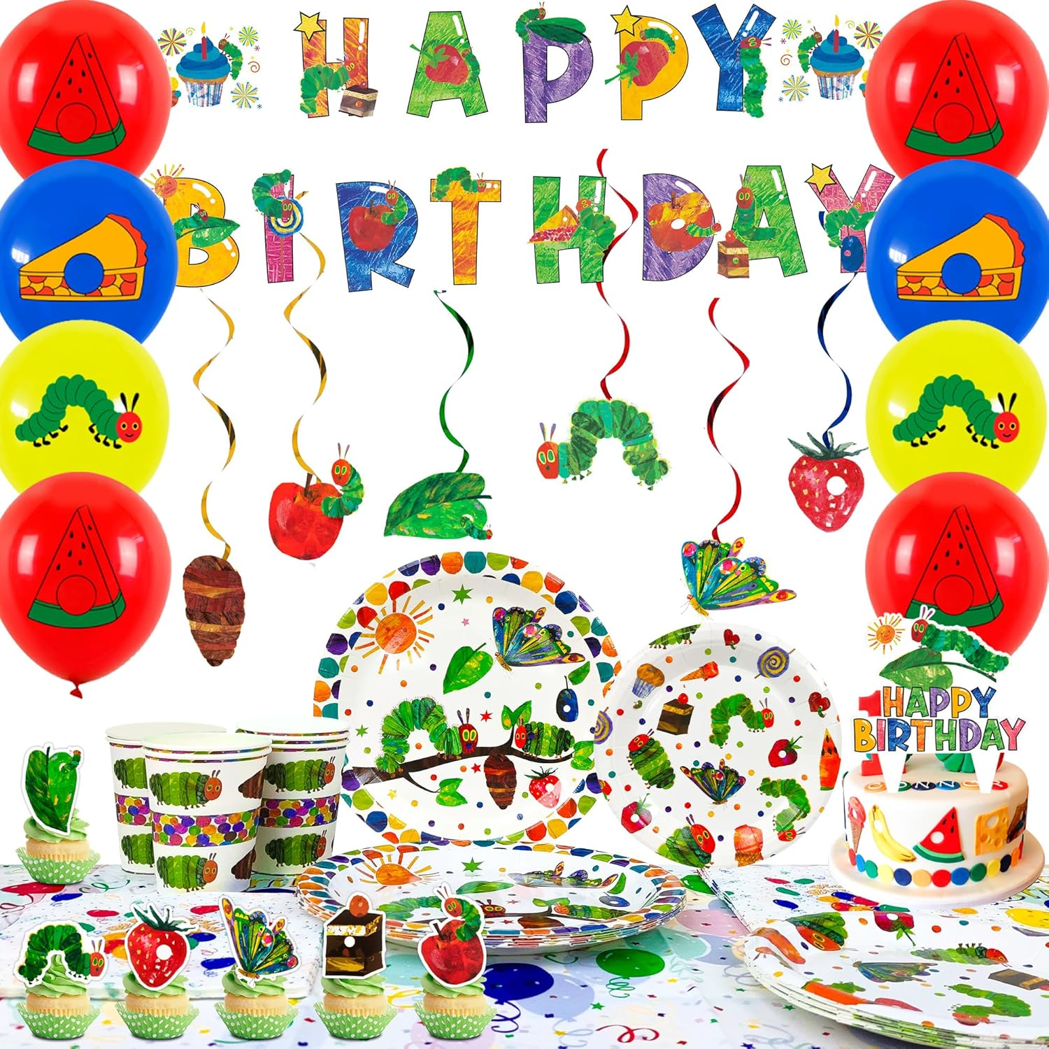 The Very Hungry Caterpillar Party Supplies 10Guests Hungry Caterpillar Birthday Decorations Tableware Set Hungry Caterpillar Party Banner Balloon Etc Hungry Caterpillar Decorations