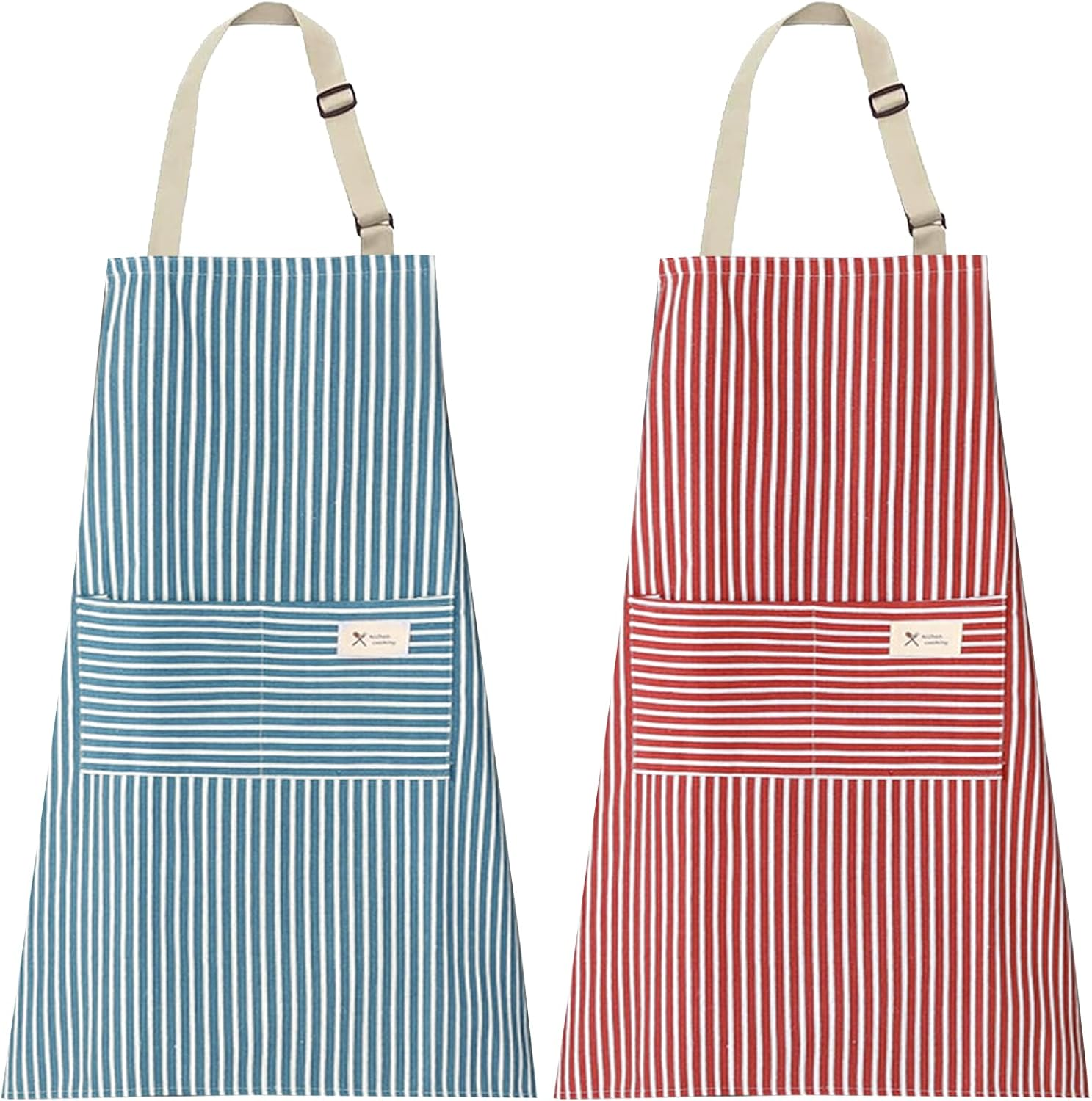 2 Packs Adjustable Apron Bib, Kitchen Cooking Aprons with Big Pocket for Women Men, Chef, Kitchen, Home, Restaurant, Cafe, Cooking, Baking (Streak/Blue & Red) image number 3