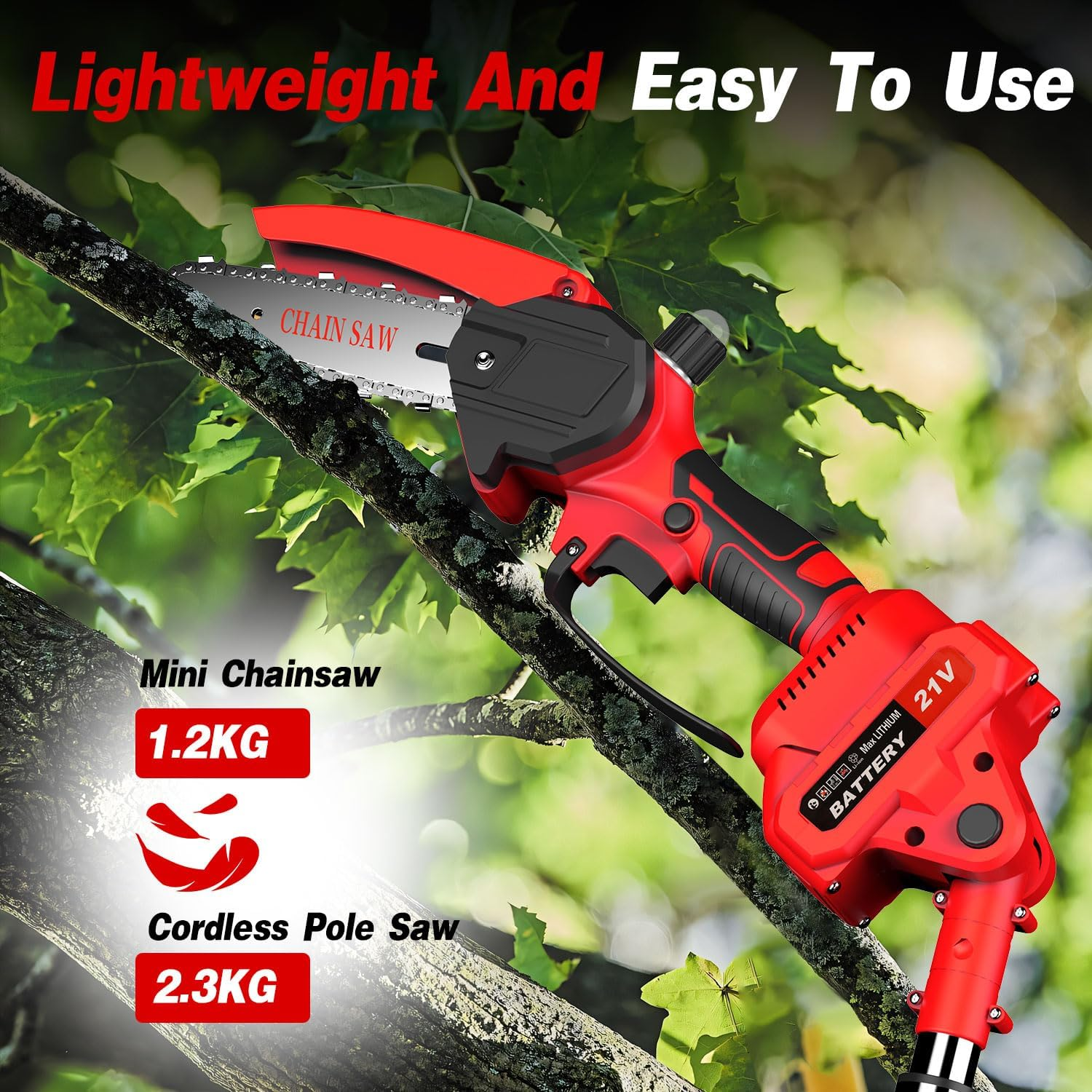 Lmozim 2-In-1 Cordless Pole Chainsaw & Mini Handheld Chainsaw, 21V 8 Inch Electric Poles Pruner, Extension Rod up to 153Cm, 2 Replaceable Chains Tree Pruning Pole for Garden Yard Red 4000Mah Battery image number 6