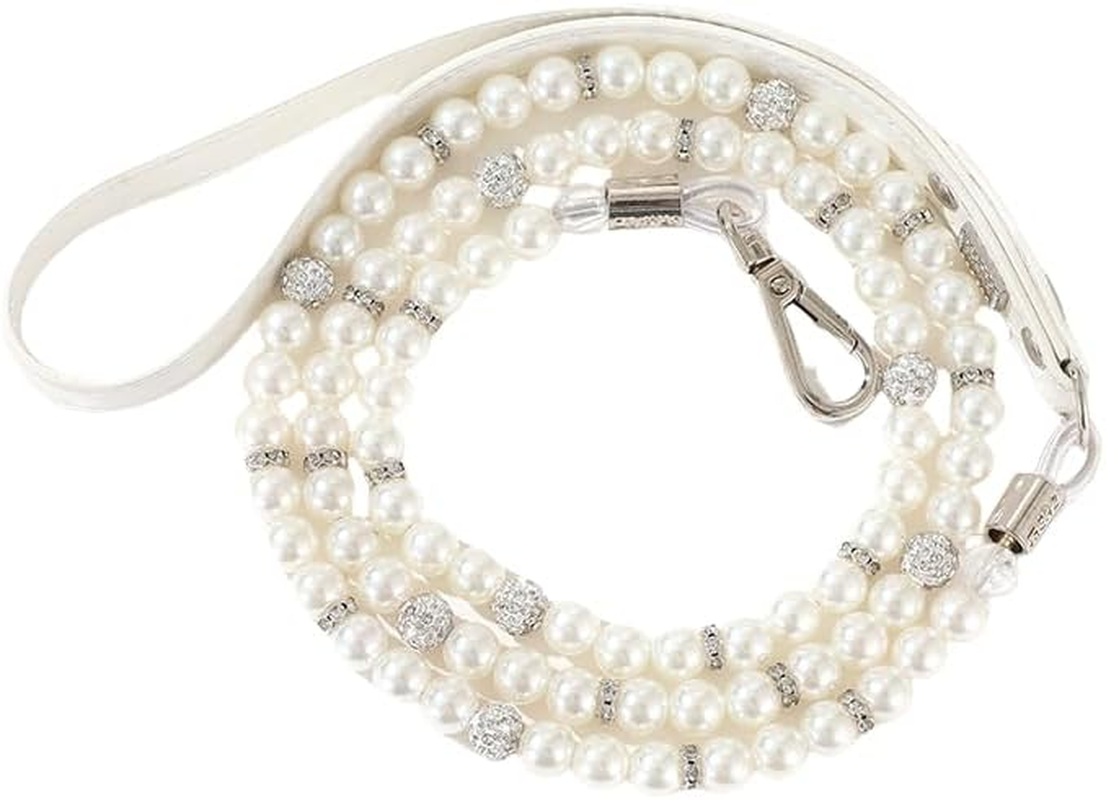 2 Pieces Dog Artificial Pearl Collars Leash Set 2 Rows Pet Imitated Pearl Necklace and Imitated Pearl Wire with Crystal Rhinestone Cat Imitated Pearl Neck Strap for Pet (White, M) image number 1