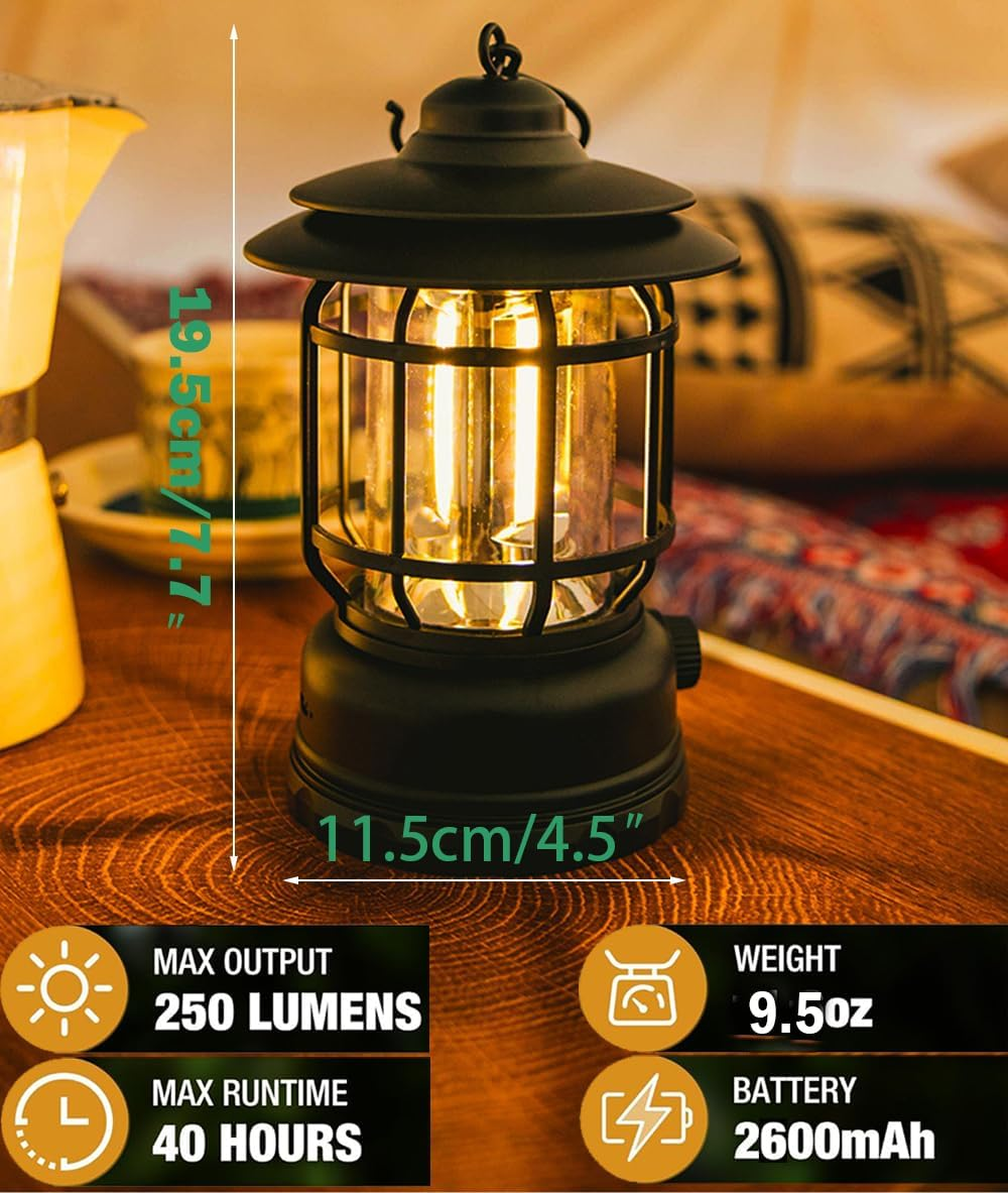 Camping Lanterns Rechargeable, Portable Electric LED Camping Lights Outdoor Hanging Tent Light Vintage Tabletop Lantern Decor Stepless Dimming Waterproof for Camping, Power Outages, Indoor (Green) image number 3