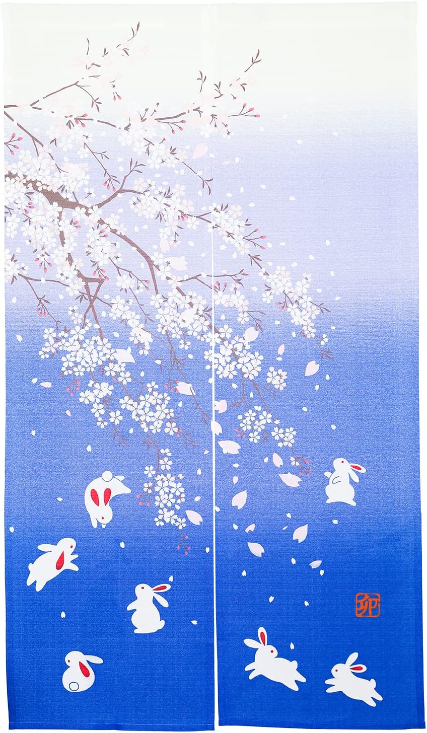 Rloncomix Japanese Noren Long Doorway Curtain Cherry Blossoms and Owls under the Moon Door Curtain Tapestry for Home Kitchen Decoration 33 X 59 Inch, Navy