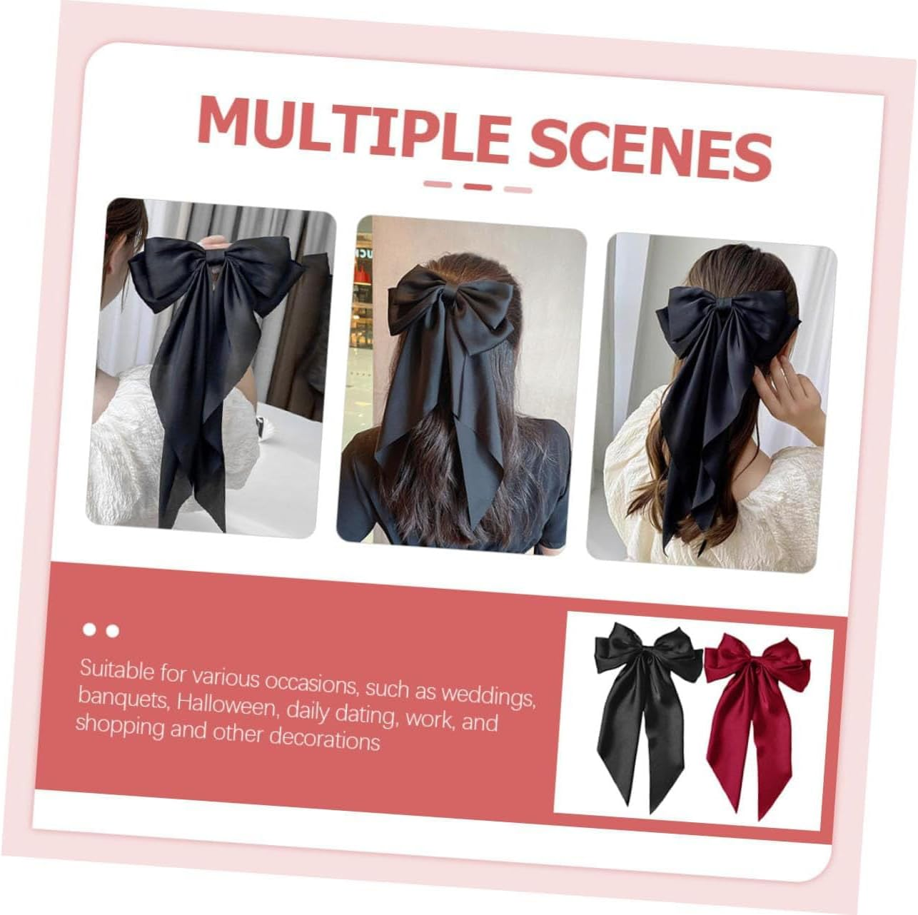 2Pcs Bows Long Ribbon Hair Clips for Women and Girls, Elegant Barrettes with Black and Wine Red Ribbons, All-Day Hold Hair Accessories for Daily Wear image number 3