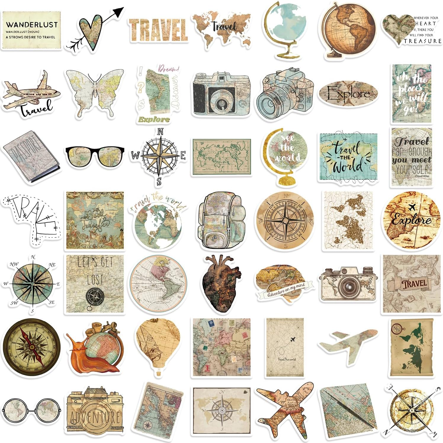 50 Pcs Travel Clock Map Stickers for Teens Girls Boys Child Adults,Retro Tourism Stickers for Laptop,Water Bottles,Bicycle,Skateboard,Computer,Waterproof Vinyl for Wall,Graffiti Stickers Pack image number 1