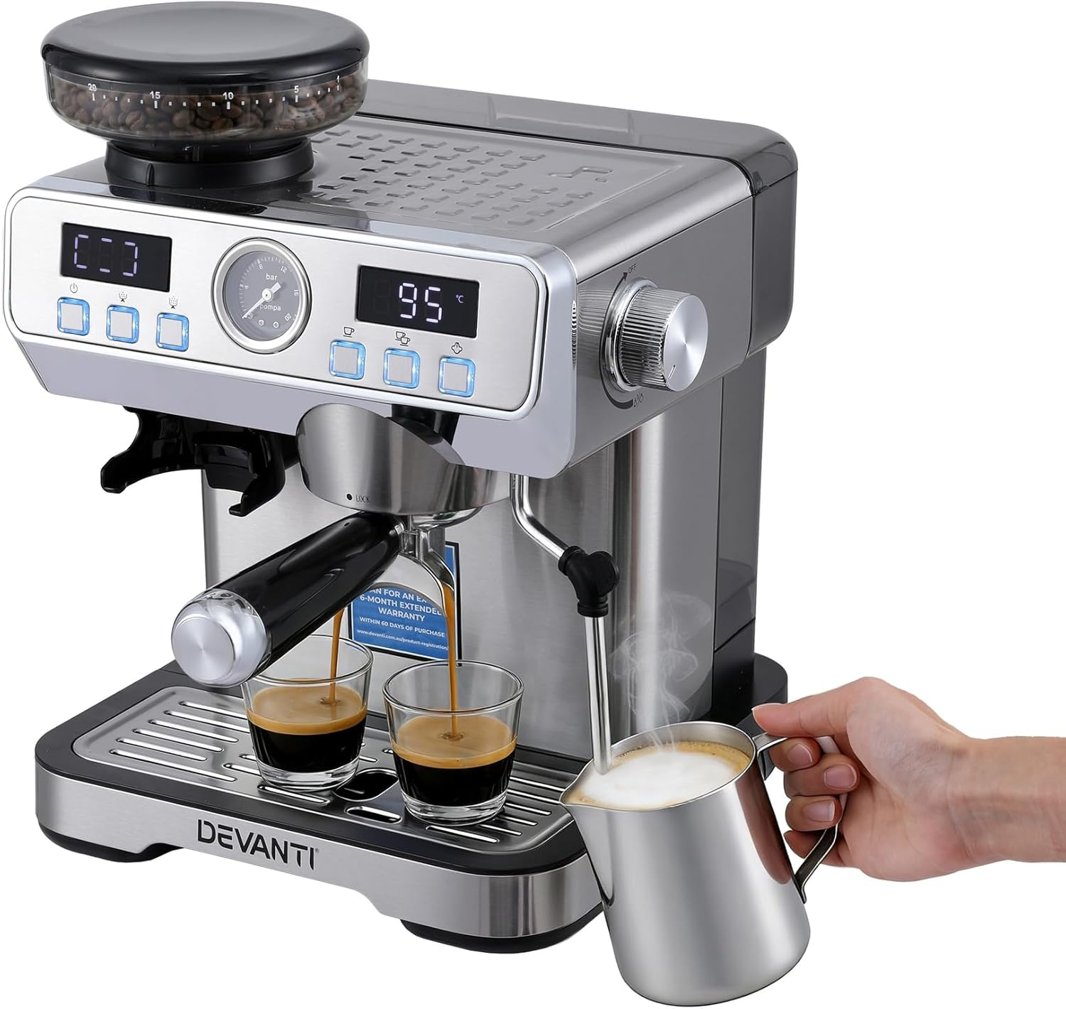 Devanti Coffee Machine with Grinder, 20 Bar Pressure Automatic Espresso Latte Cappuccino Maker Milk Frother Steam Wand Temperature Control 2L Water Tank Home Appliance Clean Brush image number 2