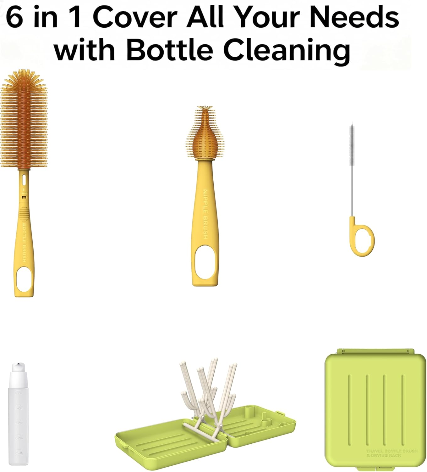 Zoltrax Bottle Brush Set,Baby Bottle Cleaner Kit,Nipple Brush, Straw Brush, Soap Dispenser, Drying Rack and Travel Storage Case,6 in 1 Bottle Cleaning Baby Essential Tool for Home and Travel (Green) - Green image number 5