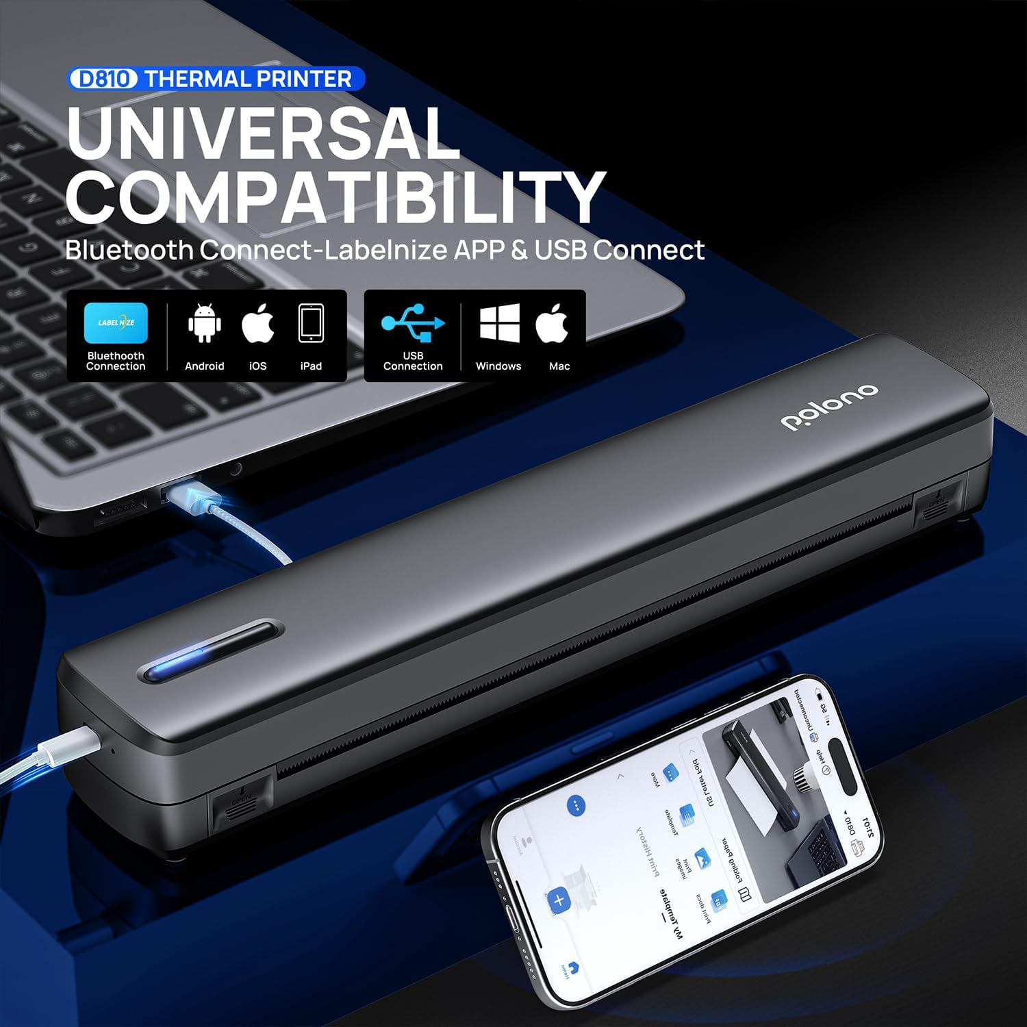 POLONO Portable Printer, D810 Inkless Bluetooth Thermal Printer Wireless for Travel, Compatible with Ios, Android, Laptop, Supports 8.5"X11" US Letter for Office, Car, Home, Black