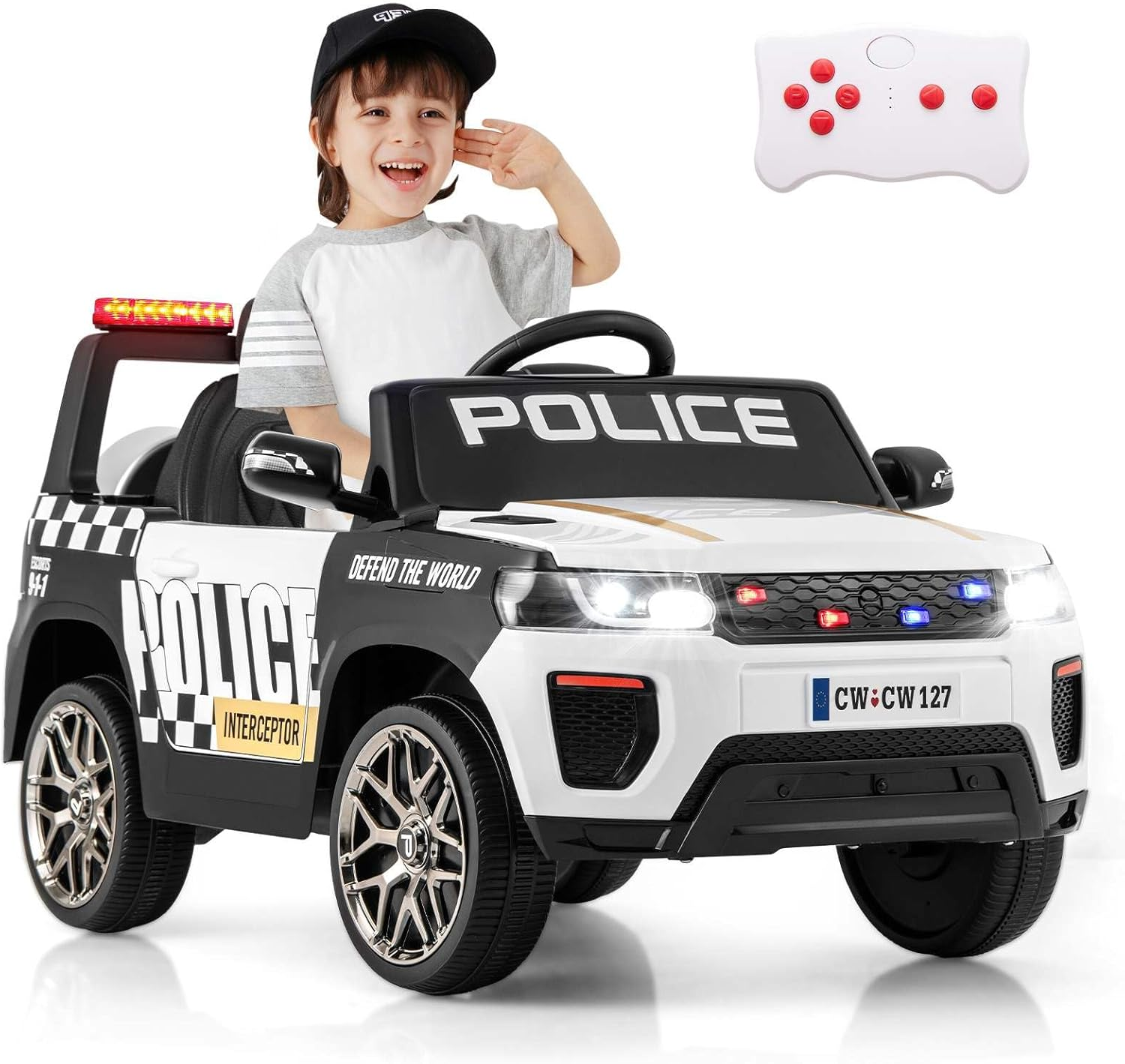 HONEY JOY Kids Ride on Police Car, 12V Electric Battery Powered Cop Car W/Remote Control, Wireless Connection, Music, Horn, Siren & LED Flashing Lights, Vehicle Ride on Toy, Black