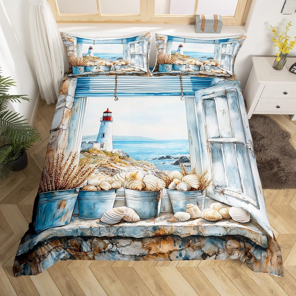 Homewish Beach Seaside Comforter Cover Lighthouse Ocean Duvet Cover 200 X 200 Cm for Adults Men Teens Women Coastal Wood Farmhouse Bedding Set Natuical Seascape Bed Set, Blue image number 1