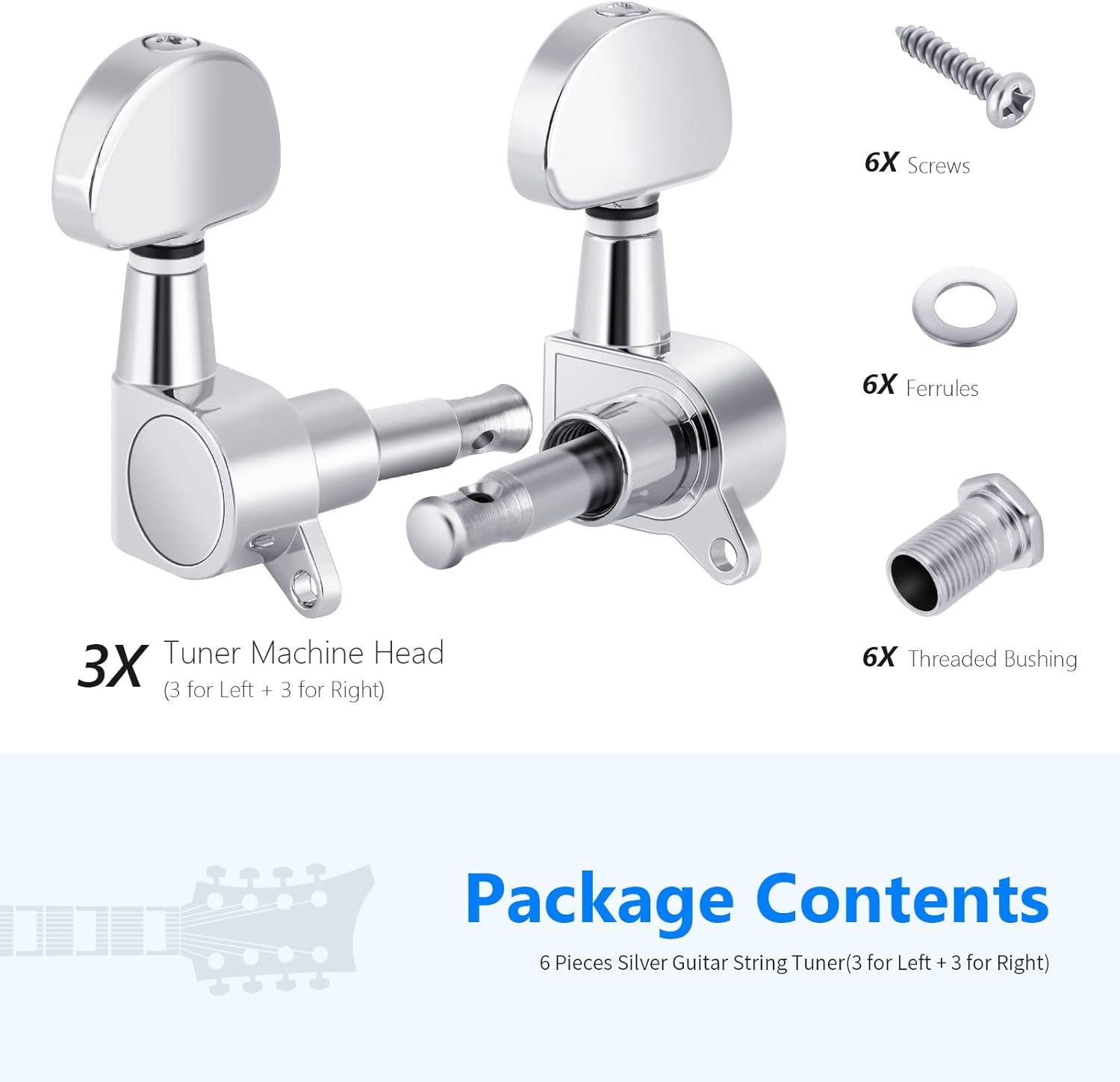 Neewer 6 Pieces Guitar Machine Heads Knobs Guitar String Tuning Pegs Machine Head Tuners for Electric or Acoustic Guitar (3 for Left + 3 for Right) image number 2