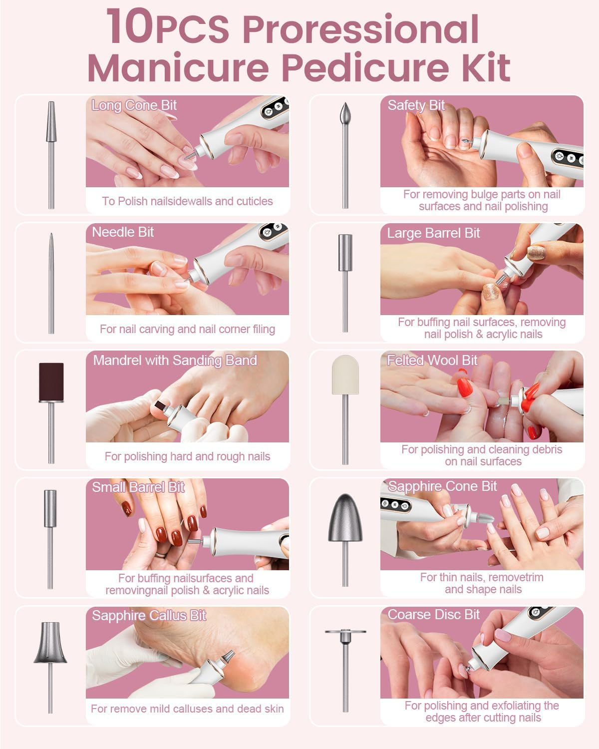 Electric Nail Sander for Gel Nails - Electric Nail File 10 Speed Cordless Electric Nail Sander Manicure Set for Acrylic Gel Natural Gel Nails (White) - Black image number 6