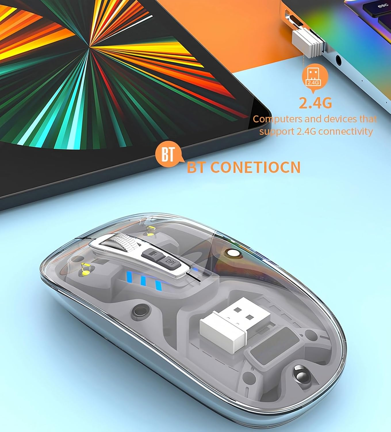 Lancoon Wireless Transparent Mouse with 2.4G Mute Button Cool Blue Light 3 Adjustable DPI Optical Sensor Rechargeable Design Magnetism Cover for Computer Gaming Home