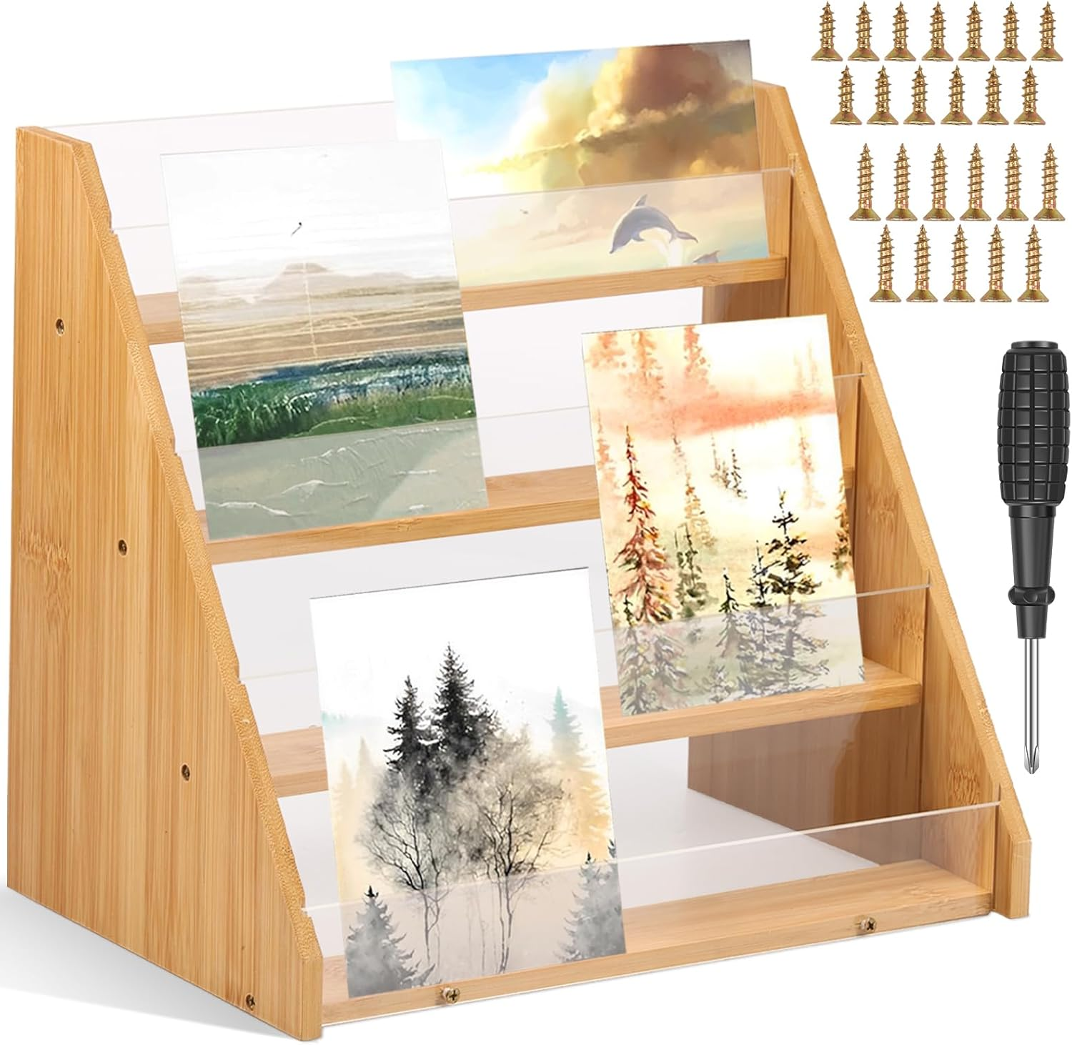 Card Display Stand,Postcard Display,Multifunctional Card Organizer,Easy to Install Greeting Card,Card Display Stand Greeting Card,Display 4 Bamboo and Acrylic Card,Stand Multifunctional image number 5