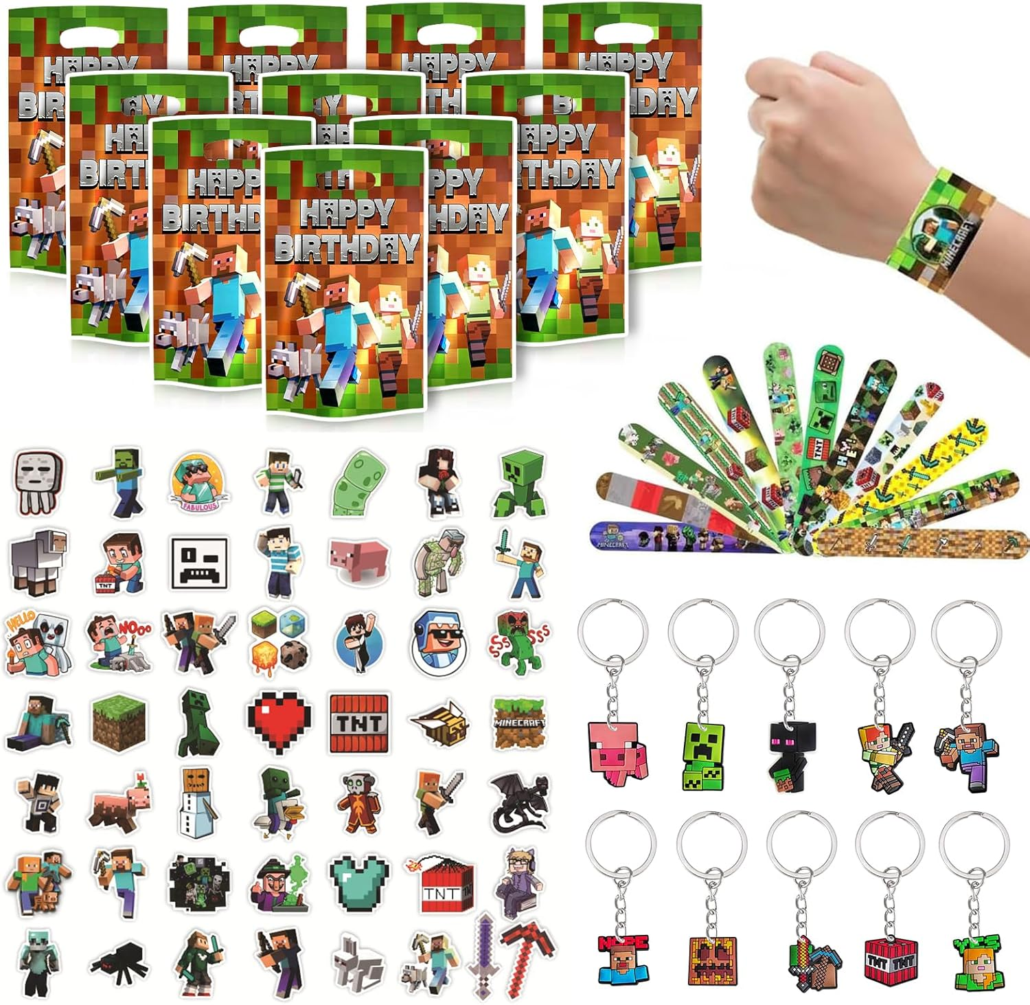 82Pcs MC Party Bag Fillers for Kids Boys MC Slap Bands Keychain Stickers for Party Bags Themed Party Supplies Favours Gaming Party Bag Fillers for Girls Goodie Goody Bag Fillers for Kids