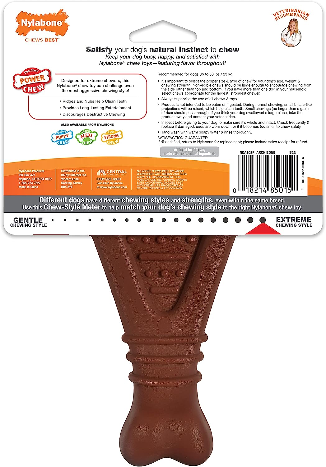 Nylabone Power Chew Arch Bone Tough Dog Dental Chew Toy Beef Flavour, Large, for Dogs up to 23Kg image number 2