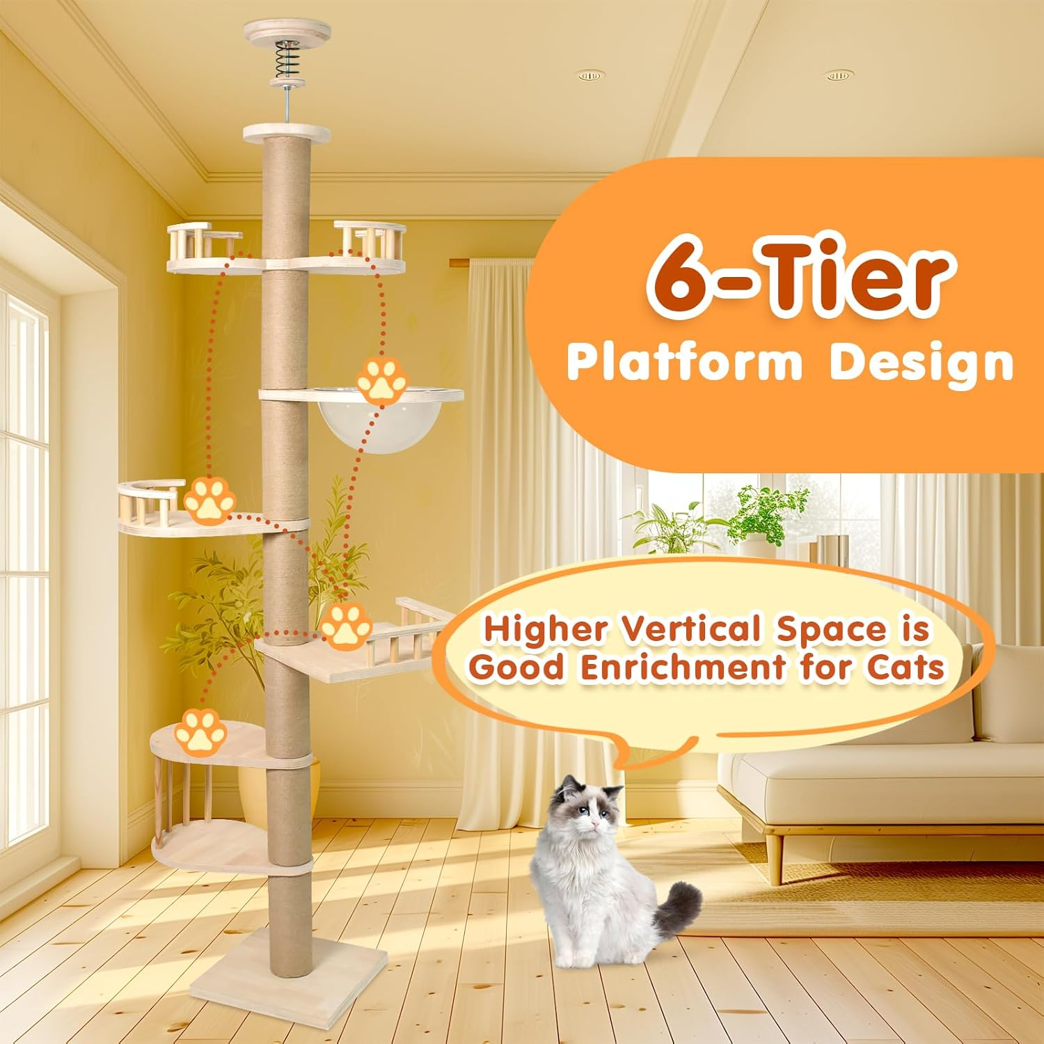 Advwin Floor to Ceiling Cat Tree Tall Cat Tower, Adjustable Height (230-275Cm), 6 Tiers Cat Scratching Post Natural Sisal Rope Cat Tree Cat Modern Activity Tree for Indoor Cats image number 4