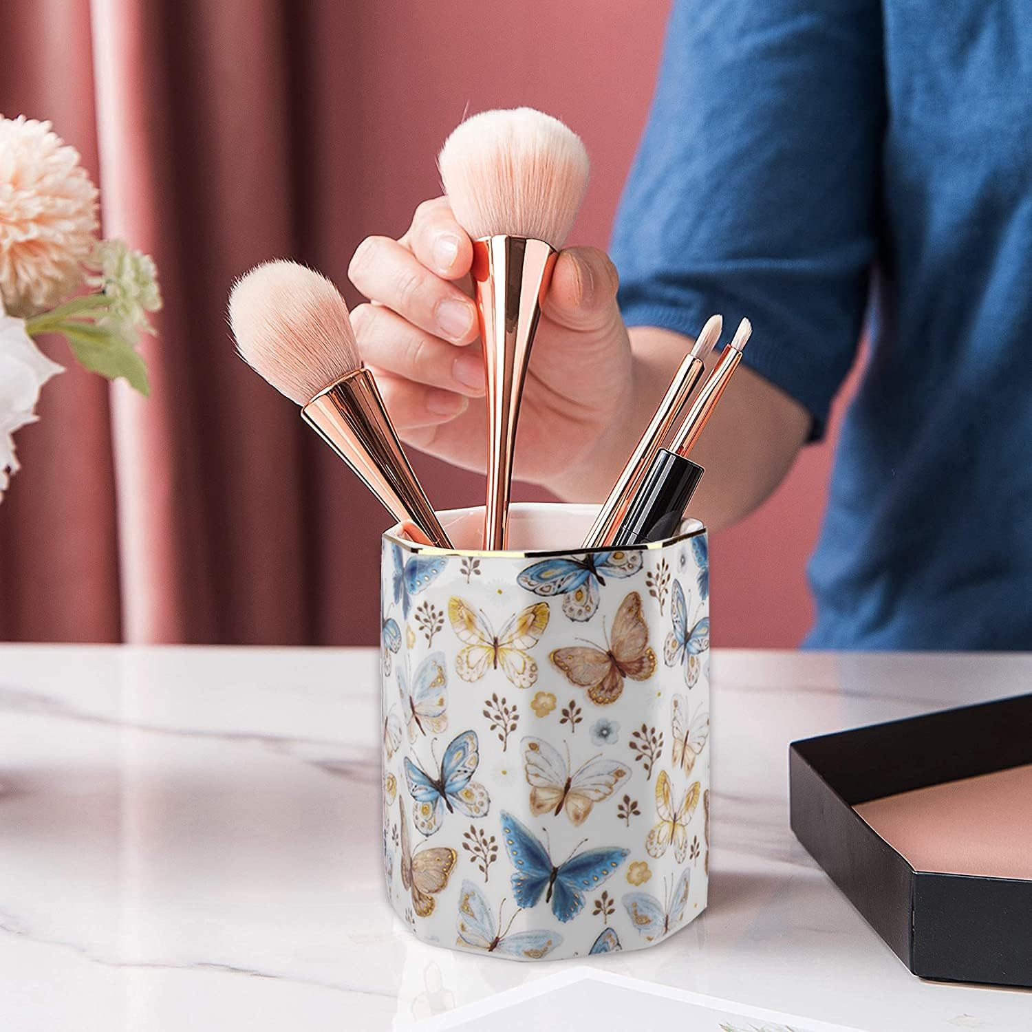 Jwest Pen Holder, Ceramic Shiny Gold Graphic Butterfly Pattern Pencil Cup for Girls Kids Women Durable Stand Desk Organizer Makeup Brush Holder Gift for Office, Classroom, Home Butterfly image number 4