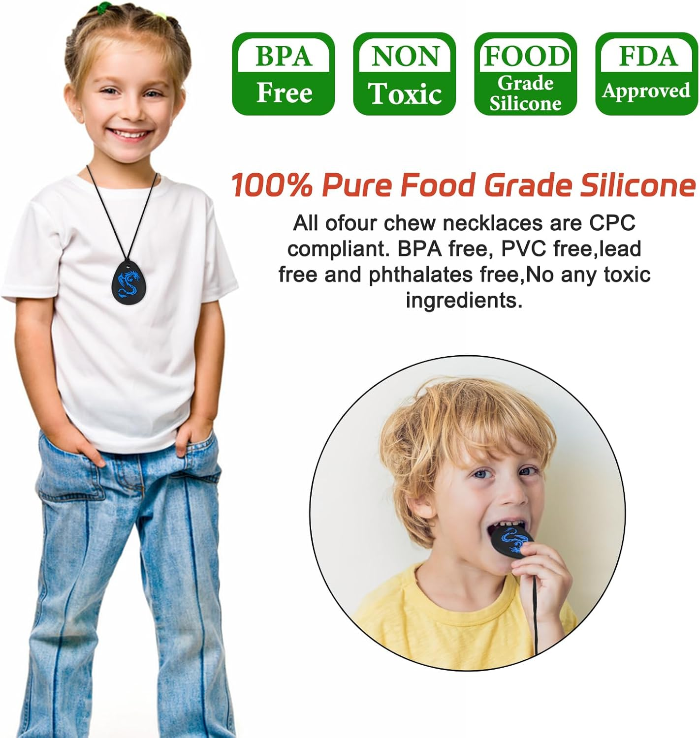 Chew Necklace for Sensory Kids & Adults | 2-Pack Dinosaur Designs | Safe Silicone Chew Toys for Autism, ADHD, SPD | Durable & Easy to Clean image number 2