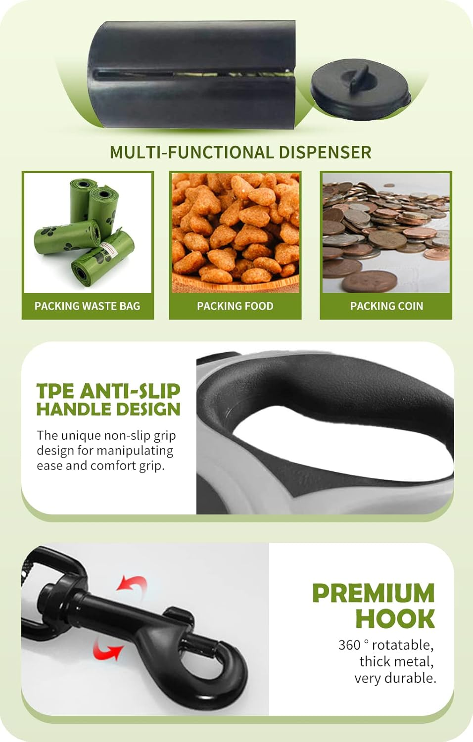 Retractable Dog Leash Lead with Dispenser and Poop Bags, Pet Walking Leash for Large Dog or Cat, Anti-Slip Soft Handle, Tangle Free, Reflective Nylon Tape(Black, 5 Meters, Max Load 50KG) image number 6