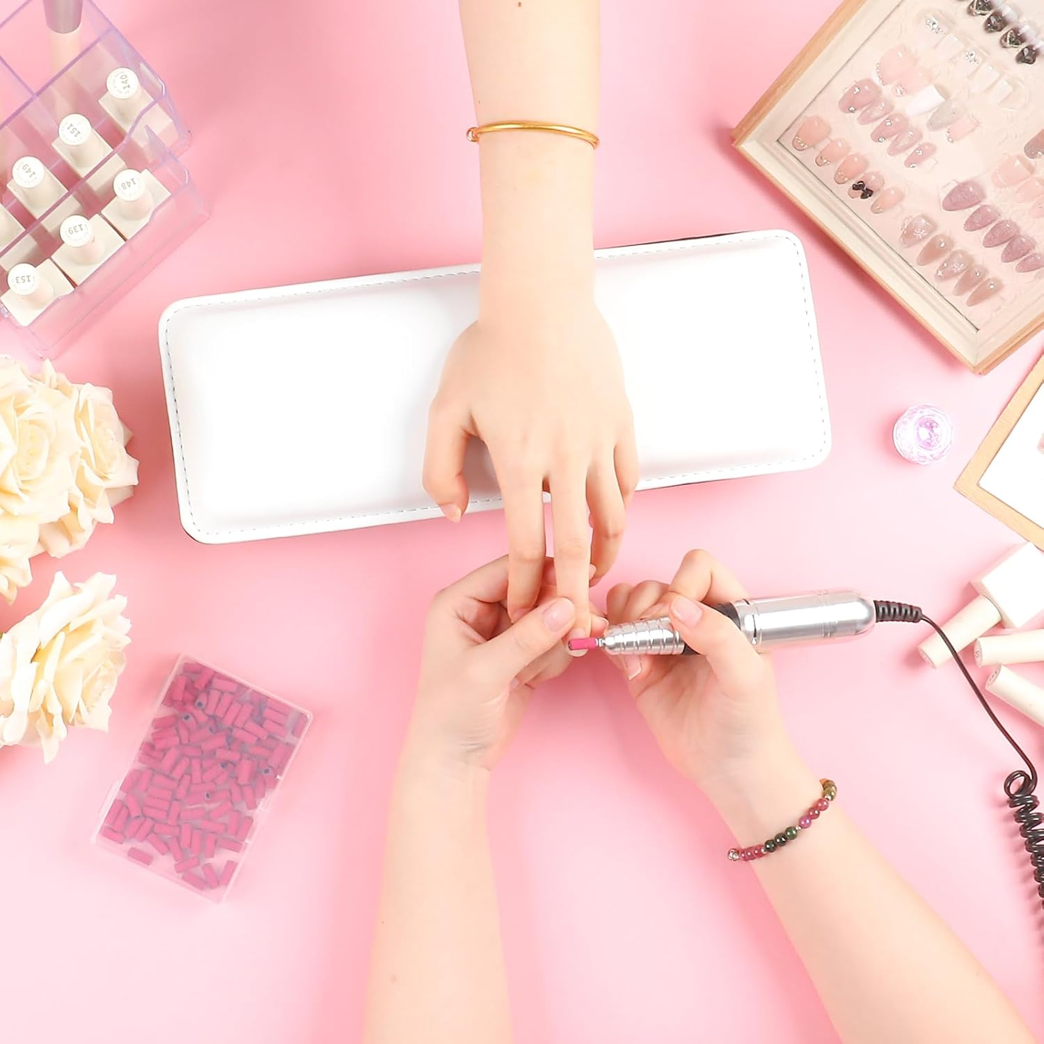 Heemeei Small Sanding Bands for Nail Drill, 100Pcs Mini Sanding Bands 180 Medium Grits with Upgrade Design 3.1Mm Mandrel Bits for Acrylic Nails Gel Manicures and Pedicure (Pink)