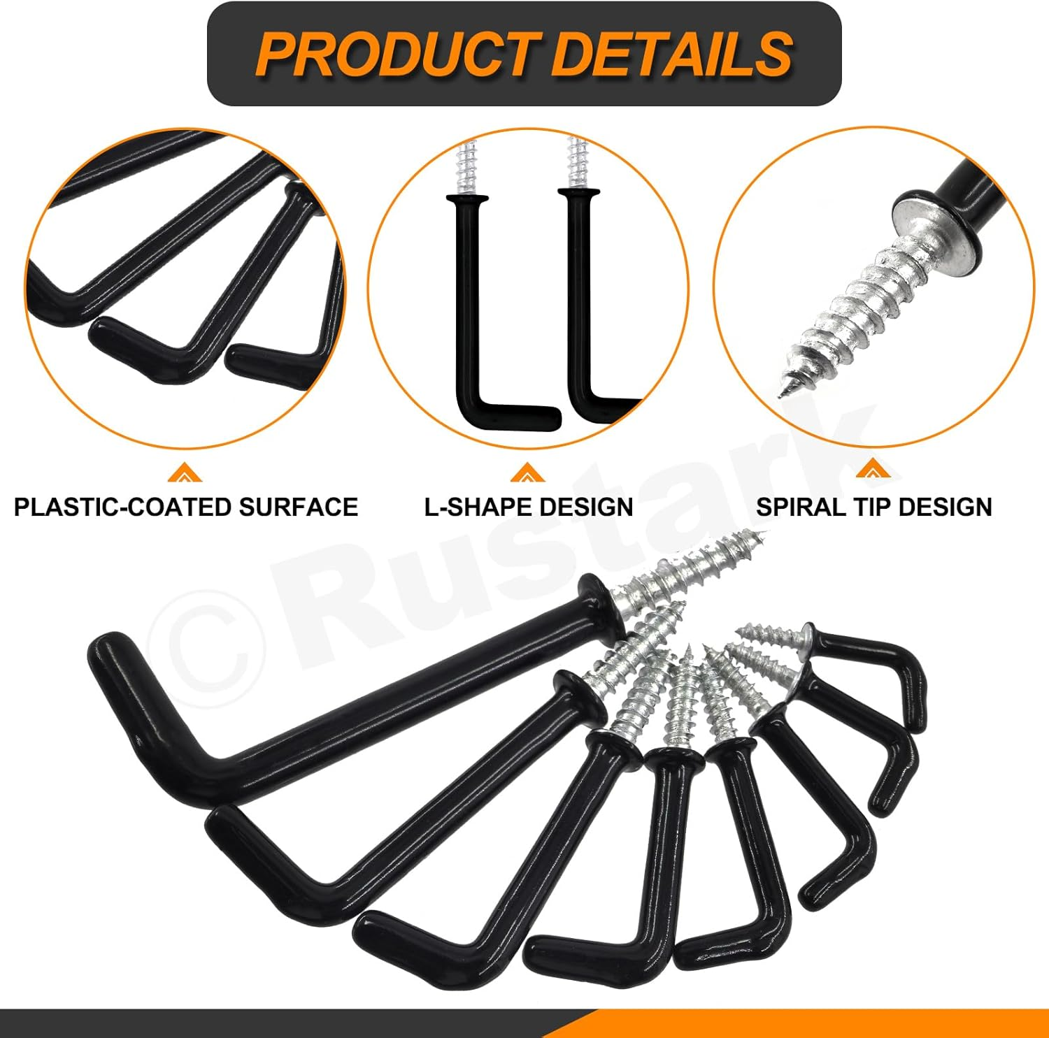 Rustark 130Pcs 8 Sizes Black L Shape Hooks Assortment Kit Vinyl Coated 7 Shape Screw Hooks Cup Right Angle L Type Self Tapping Screw Hooks for Home Office Workplace Hanging - Black image number 5