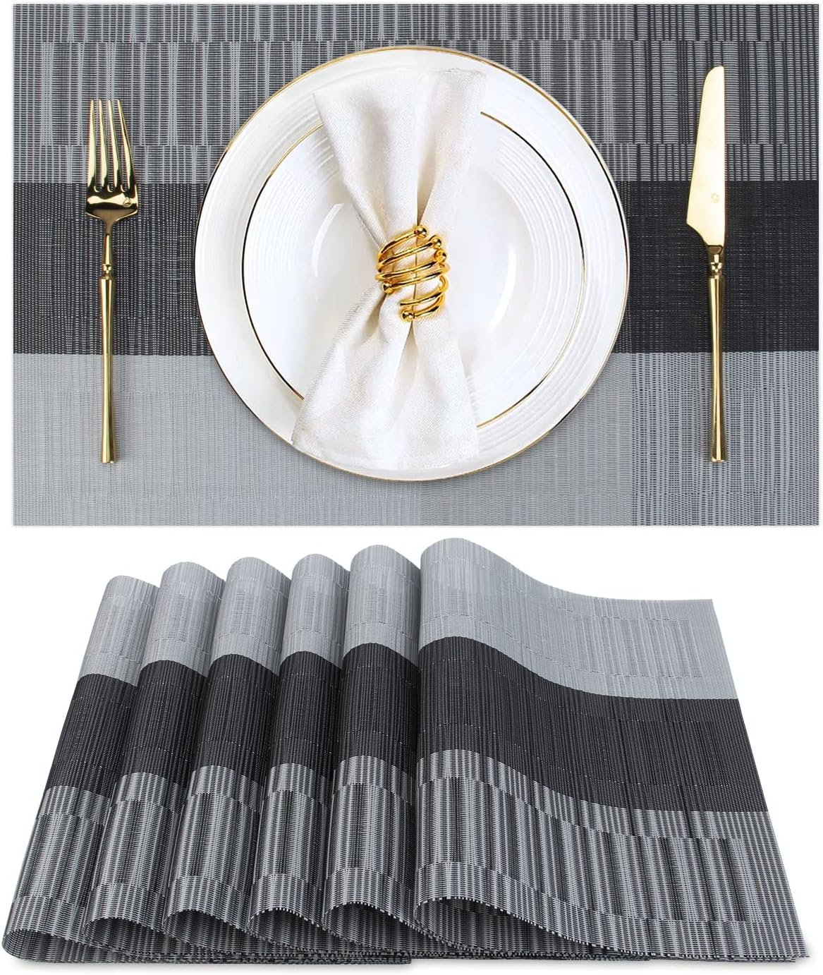 Placemats, Set of 6 Heat Resistant Place Mats, Stain-Proof Non-Slip Wipeable PVC Dining Table Mats, Dining Table Placemats for Easter Thanksgiving Christmas New Year Party Home Decor (Silver Diamond)