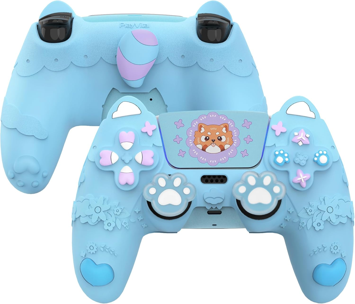 Playvital Cute Spring Lesser Panda Silicone Cover for Ps5 Controller with Joystick Cap and Sticker, Anti-Grip Shockproof Skin, Compatible with Charging Station, Heaven Blue image number 1