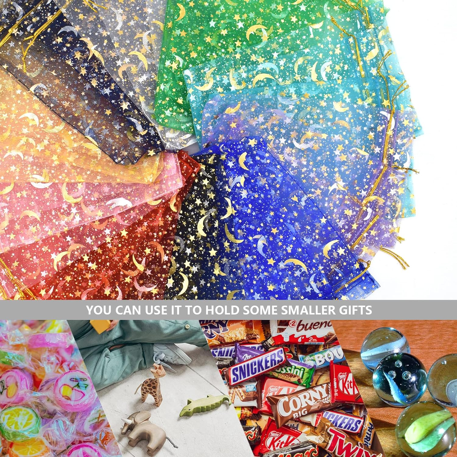 100PCS 5X7" Organza Gift Bags 10 Color Wedding Favor Bags Jewelry Gift Bags Candy with Drawstring for Party, Jewelry, Christmas, Festival, Makeup Organza Favor Bags (Moon Star) image number 4