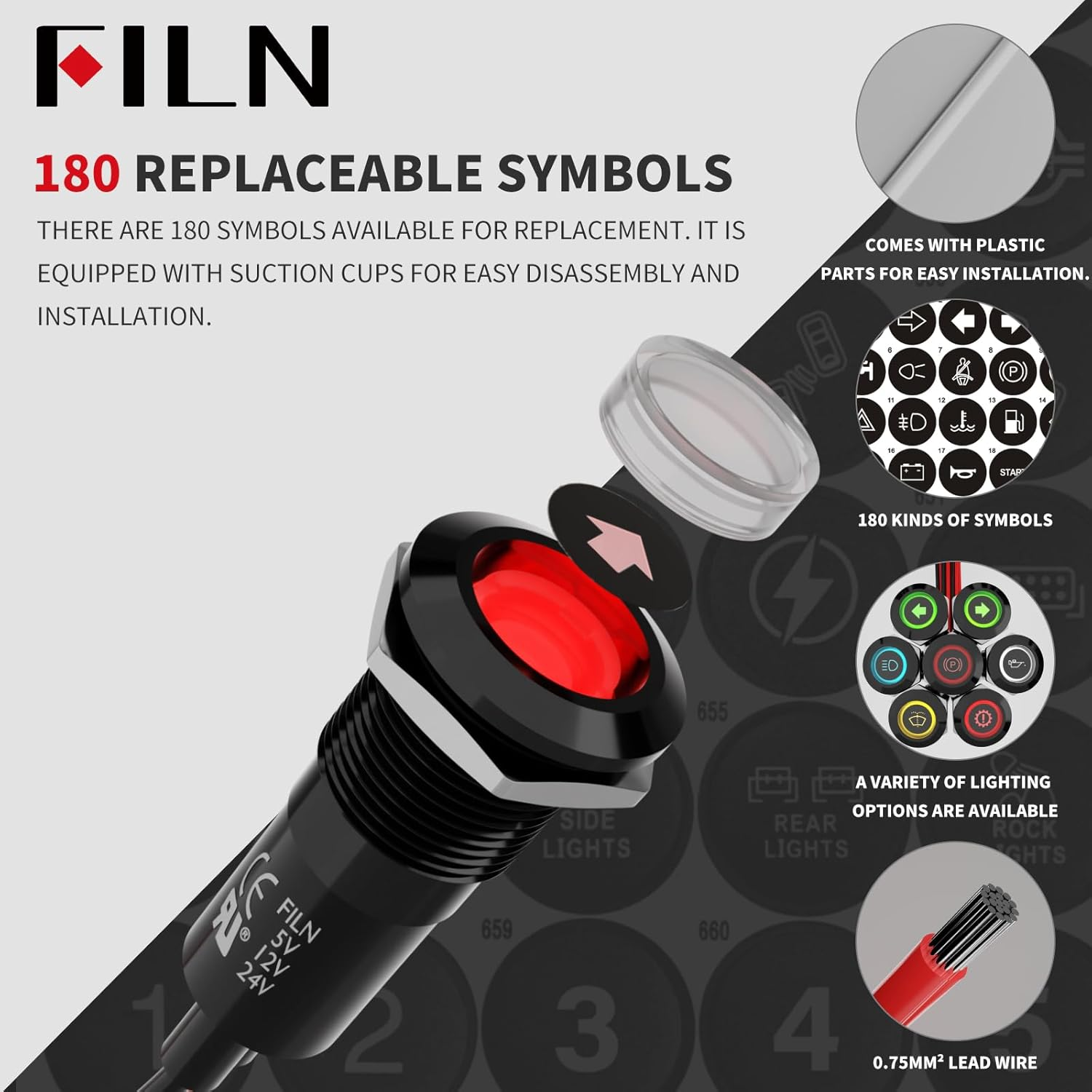 2PCS LED Indicator Lights Includes 180 Replacement Symbols 12V 24V 12Mm Mounting Holes IP67 Waterproof Metal Pilot Lights for Cars Boats Industrial Panels Dashboards(Red LED Light) image number 3