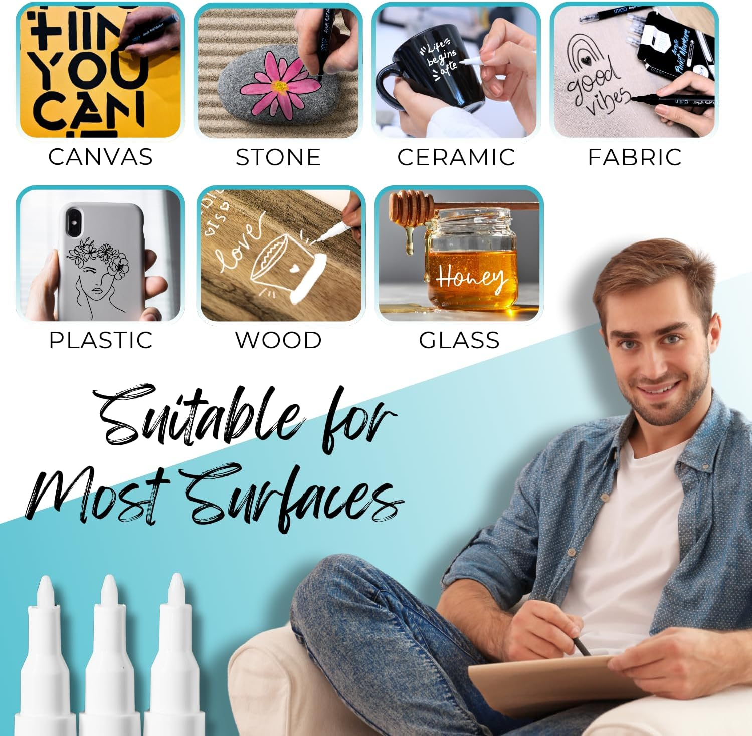 White Paint Pen (8-Pack) Extra Fine Tip Made in Japan | Bold Color+100% Coverage | for Rock, Wood, Glass, Paper, Plastic, Metal, Canvas, Etc. | 0.7Mm White Paint Markers | White Acrylic Paint Pens image number 5