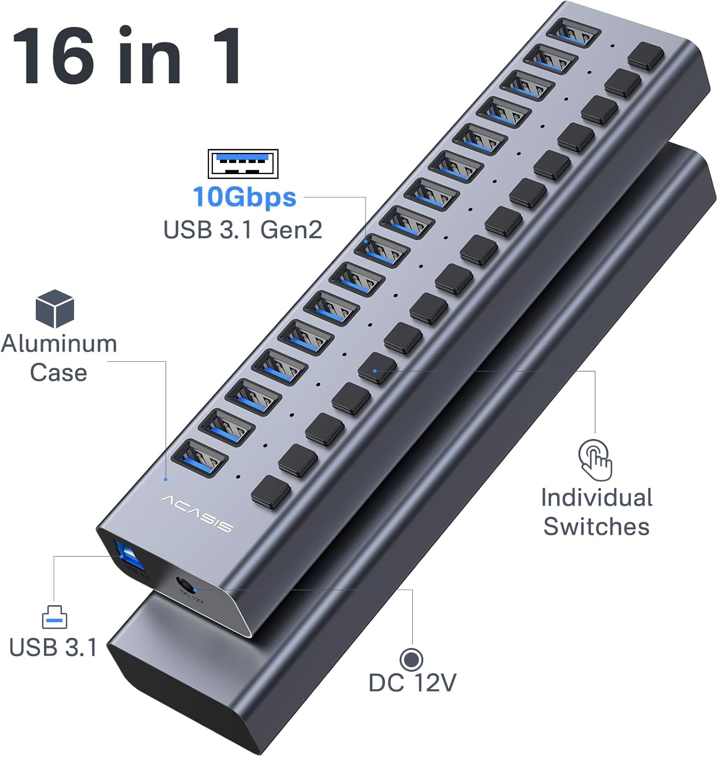 Powered USB 3.1 Hub, ACASIS 16 Ports USB 3.1 Hub with 10Gbps Data Speed，Aluminum Housing, USB Hub Powered with 96W Power Adapter, USB Hub for Pc/Laptop, Computer, Flash Drive, Printer, Camera image number 1
