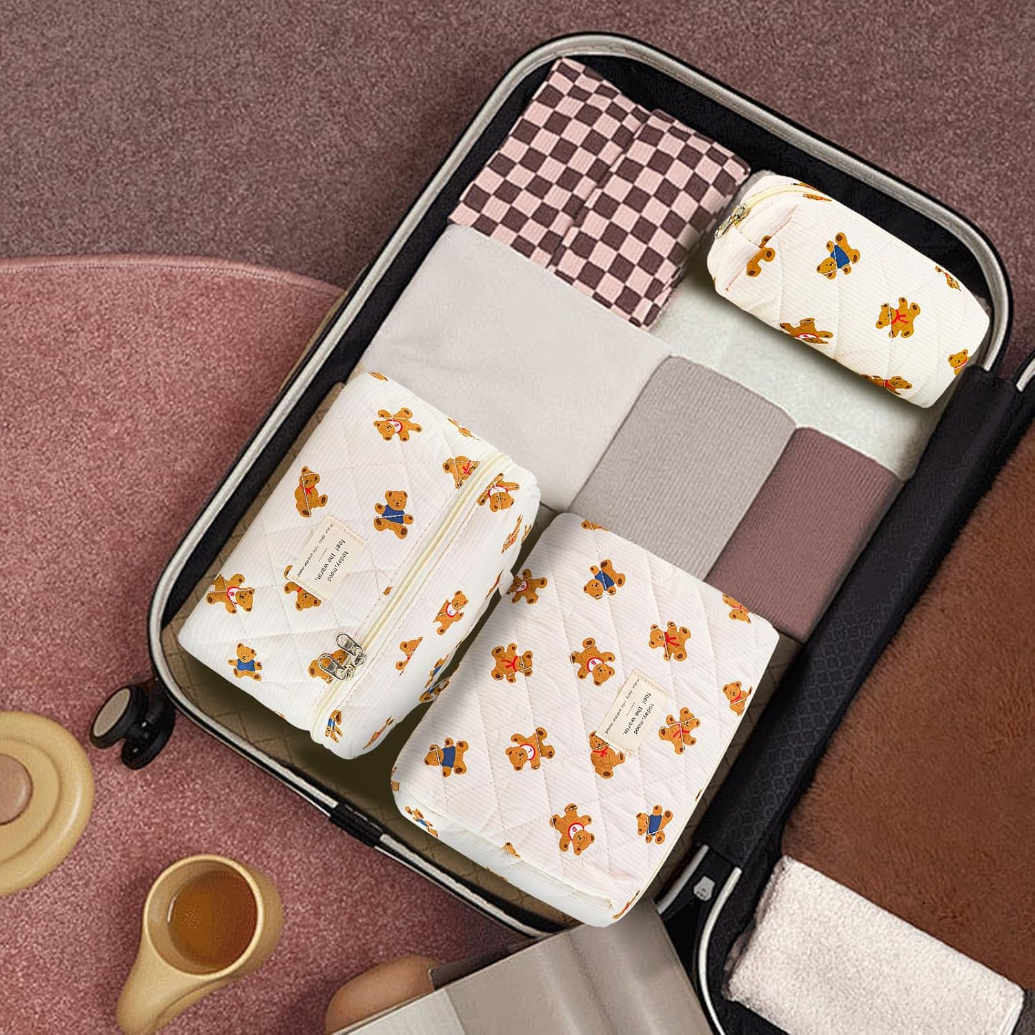 3Pcs Makeup Bag Cotton Quilted Travel Cosmetic Bag Cute Floral Makeup Pouch Large Toiletry Bag for Women Girls, Bear A, Daily - Bow-Blue image number 4